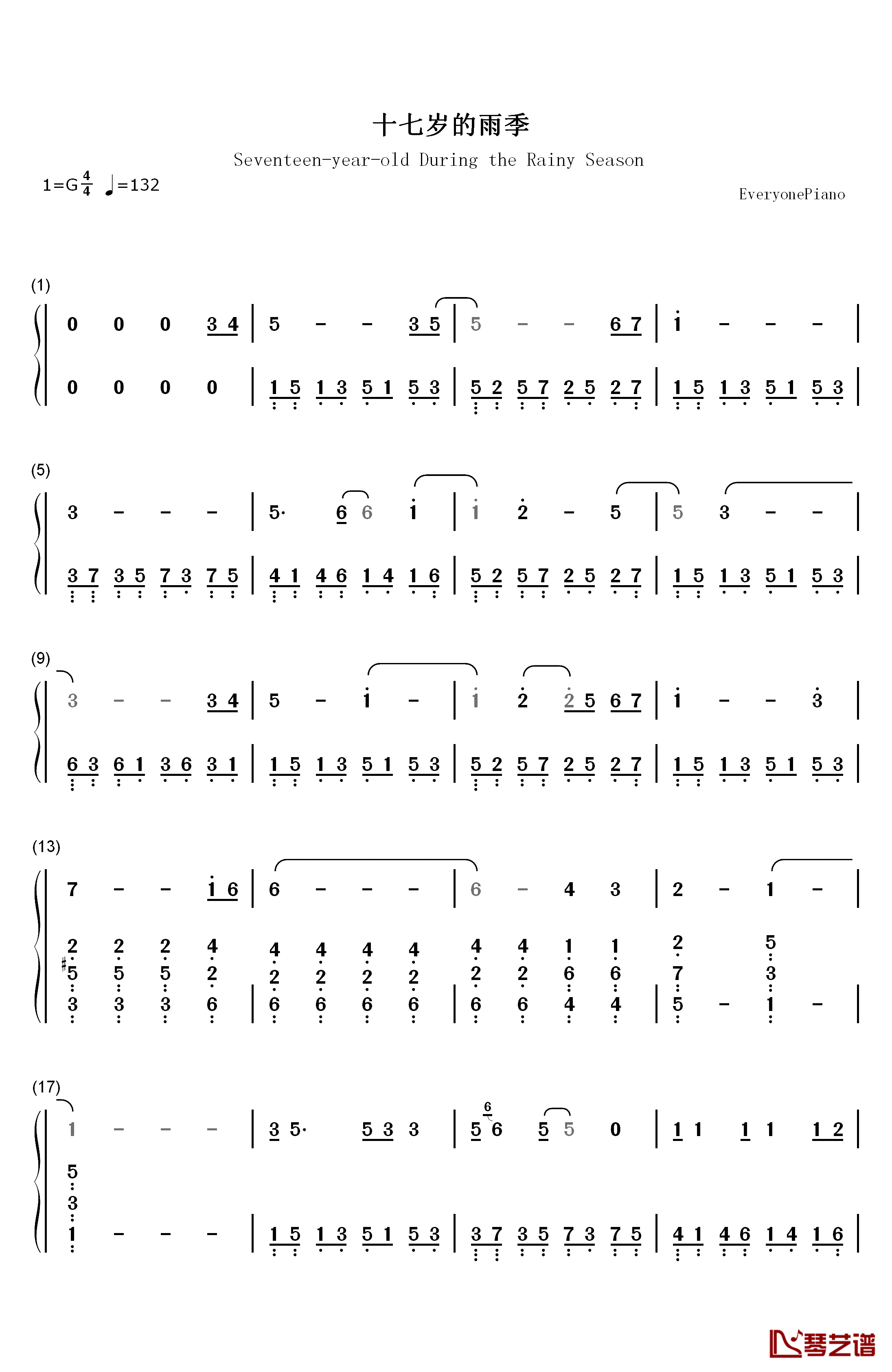 十七岁的雨季钢琴简谱-数字双手-林志颖
