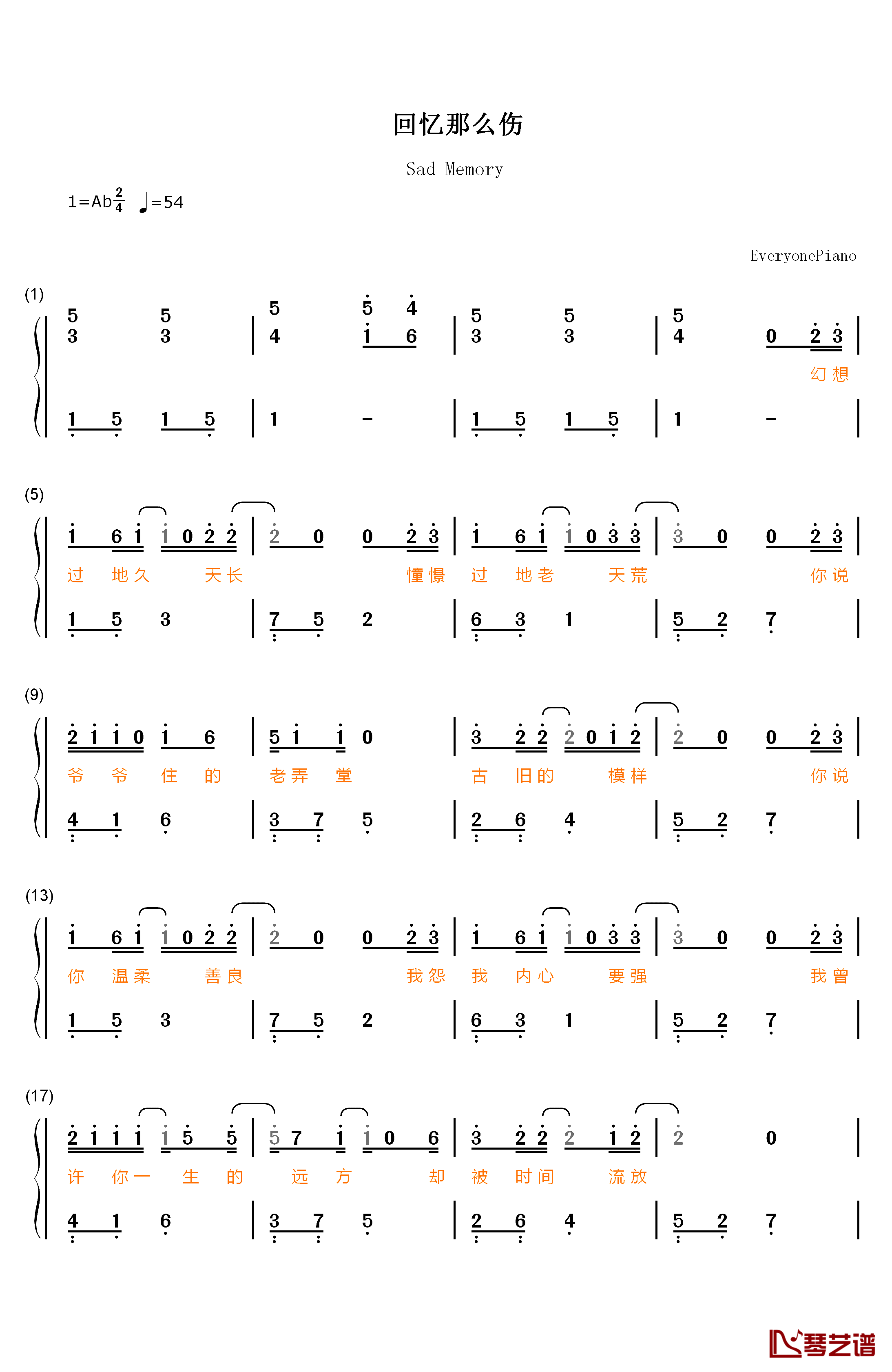 回忆那么伤钢琴简谱-数字双手-孙子涵