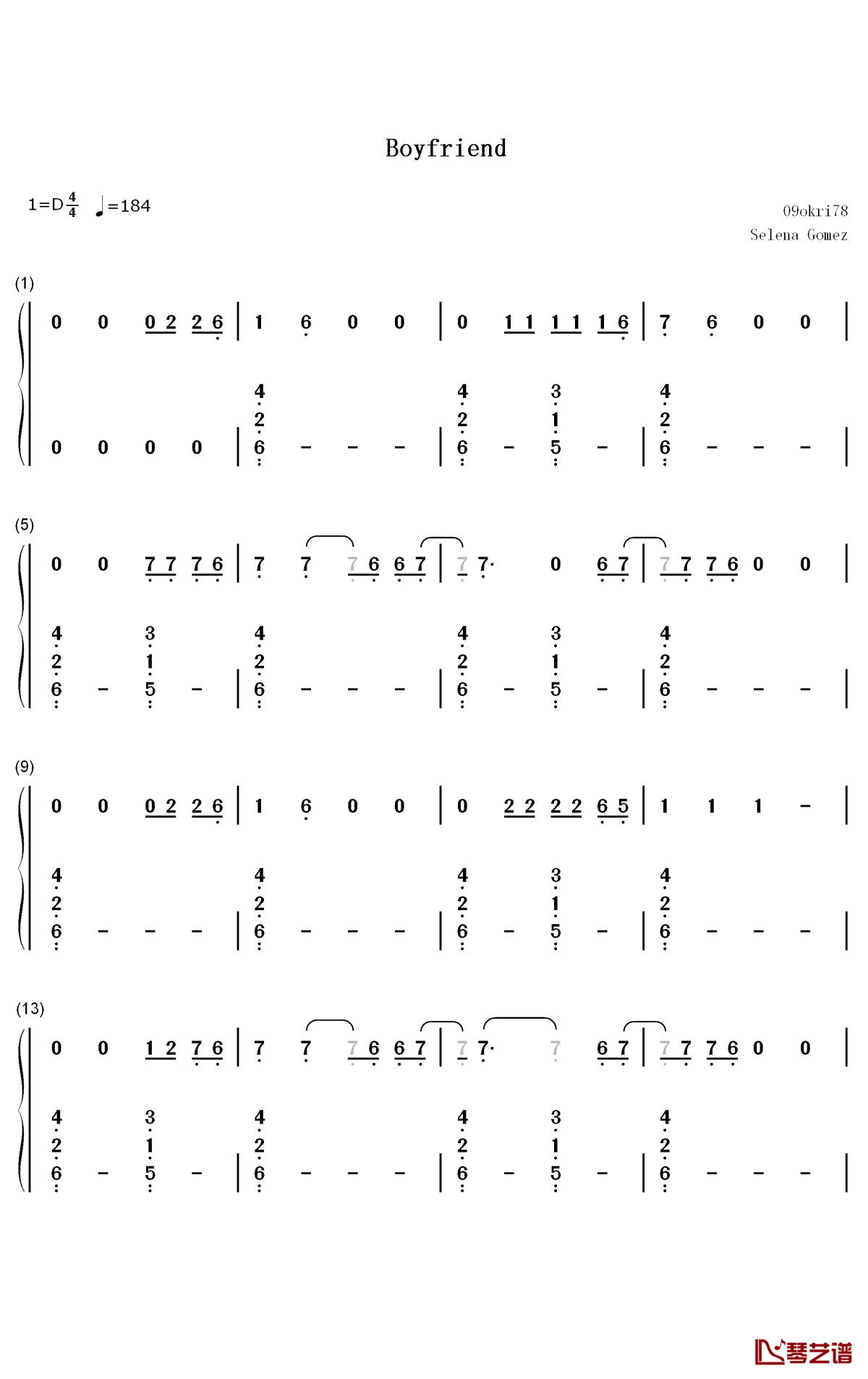 Boyfriend钢琴简谱-数字双手-Selena Gomez