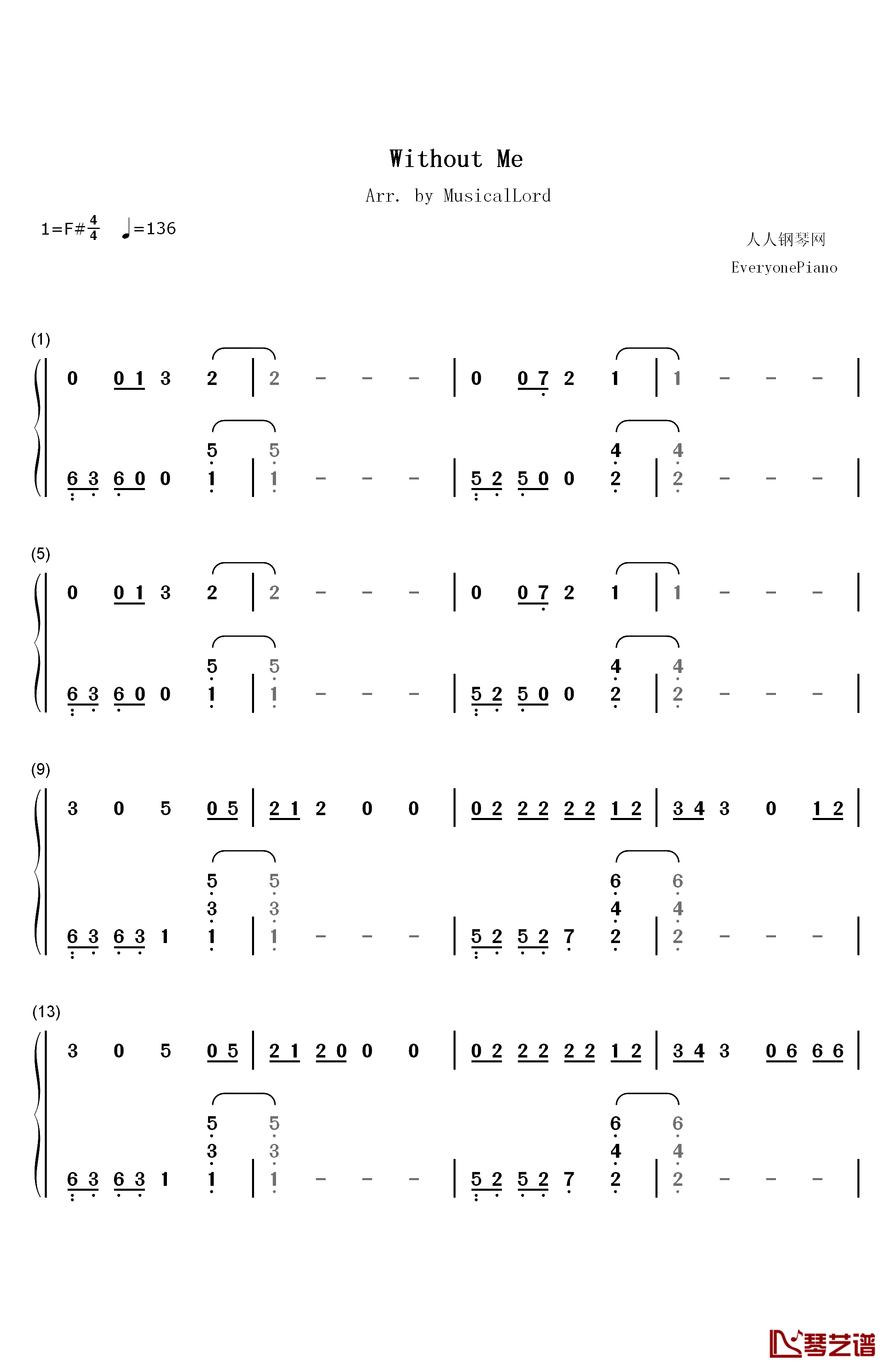 Without Me钢琴简谱-数字双手-Halsey