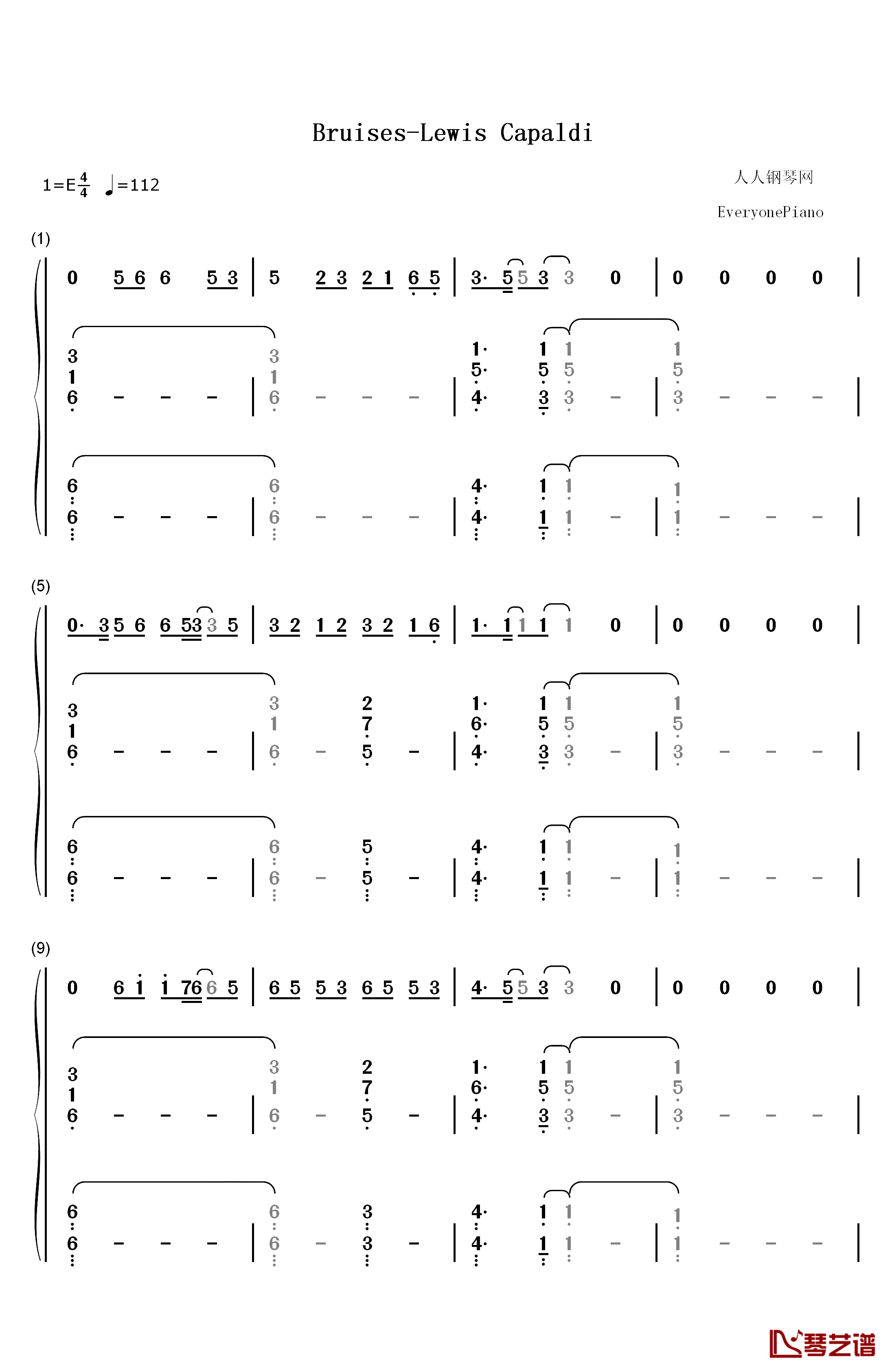 Bruises钢琴简谱-数字双手-Lewis Capaldi