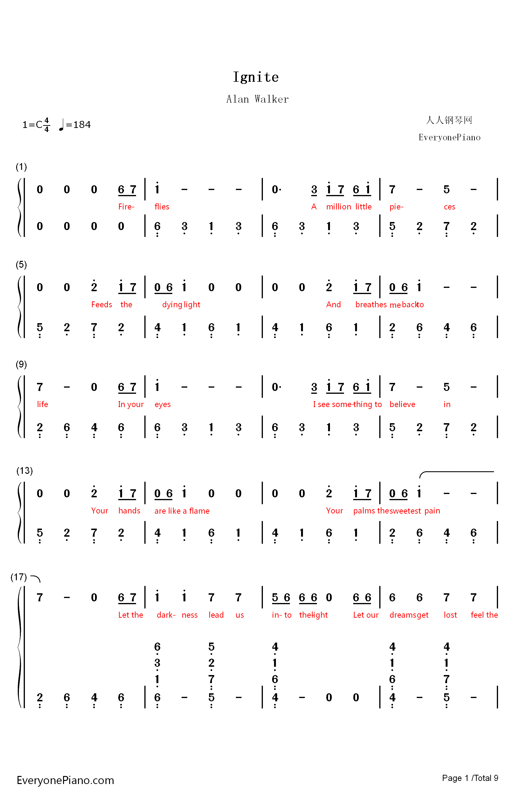 Ignite钢琴简谱-数字双手-Alan Walker