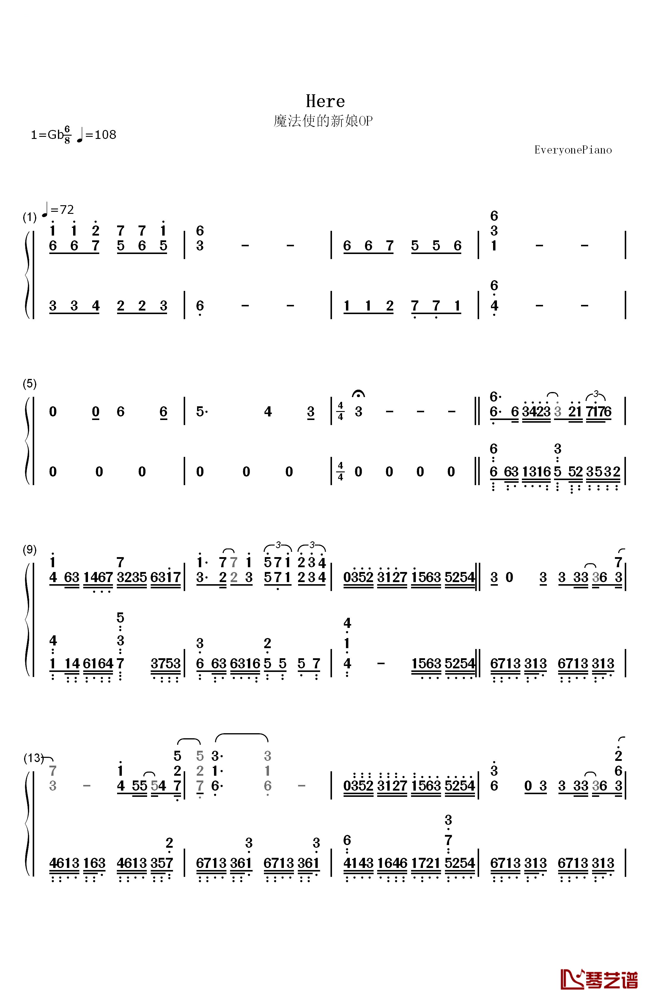 Here钢琴简谱-数字双手-JUNNA