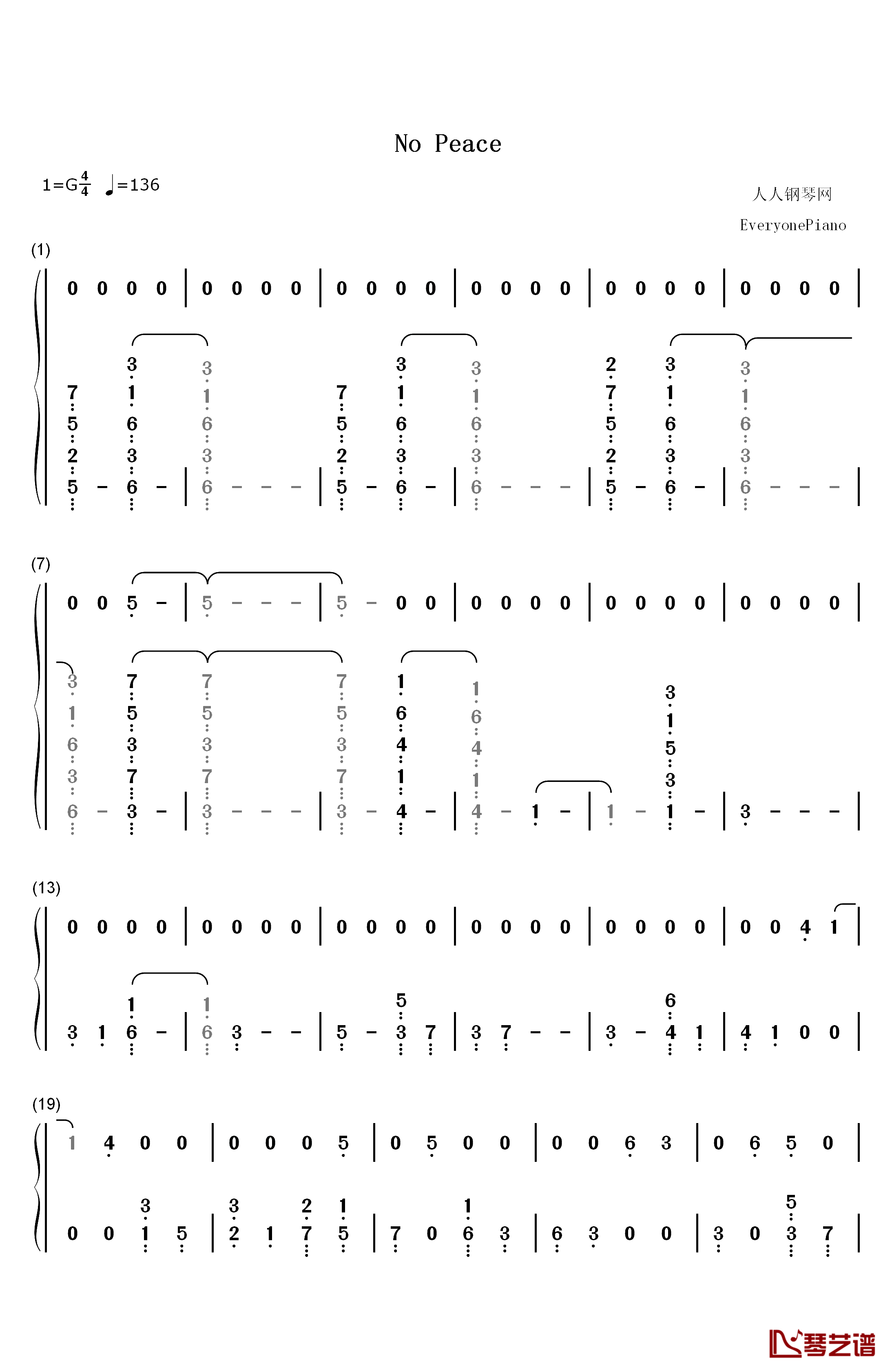 No Peace钢琴简谱-数字双手-Sam Smith YEBBA