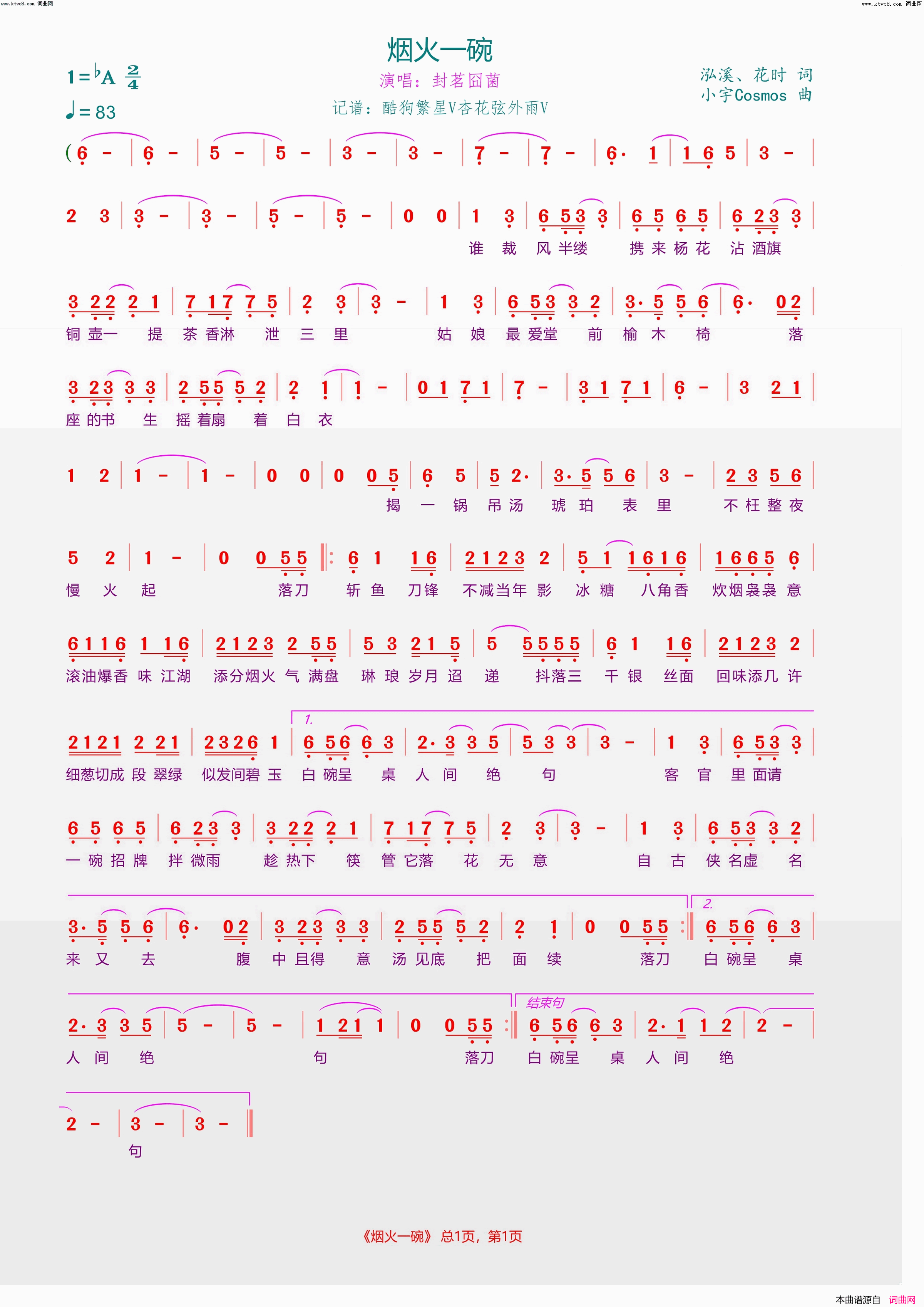 烟火一碗简谱-封茗囧菌演唱-泓溪、花时/小宇Cosmos词曲