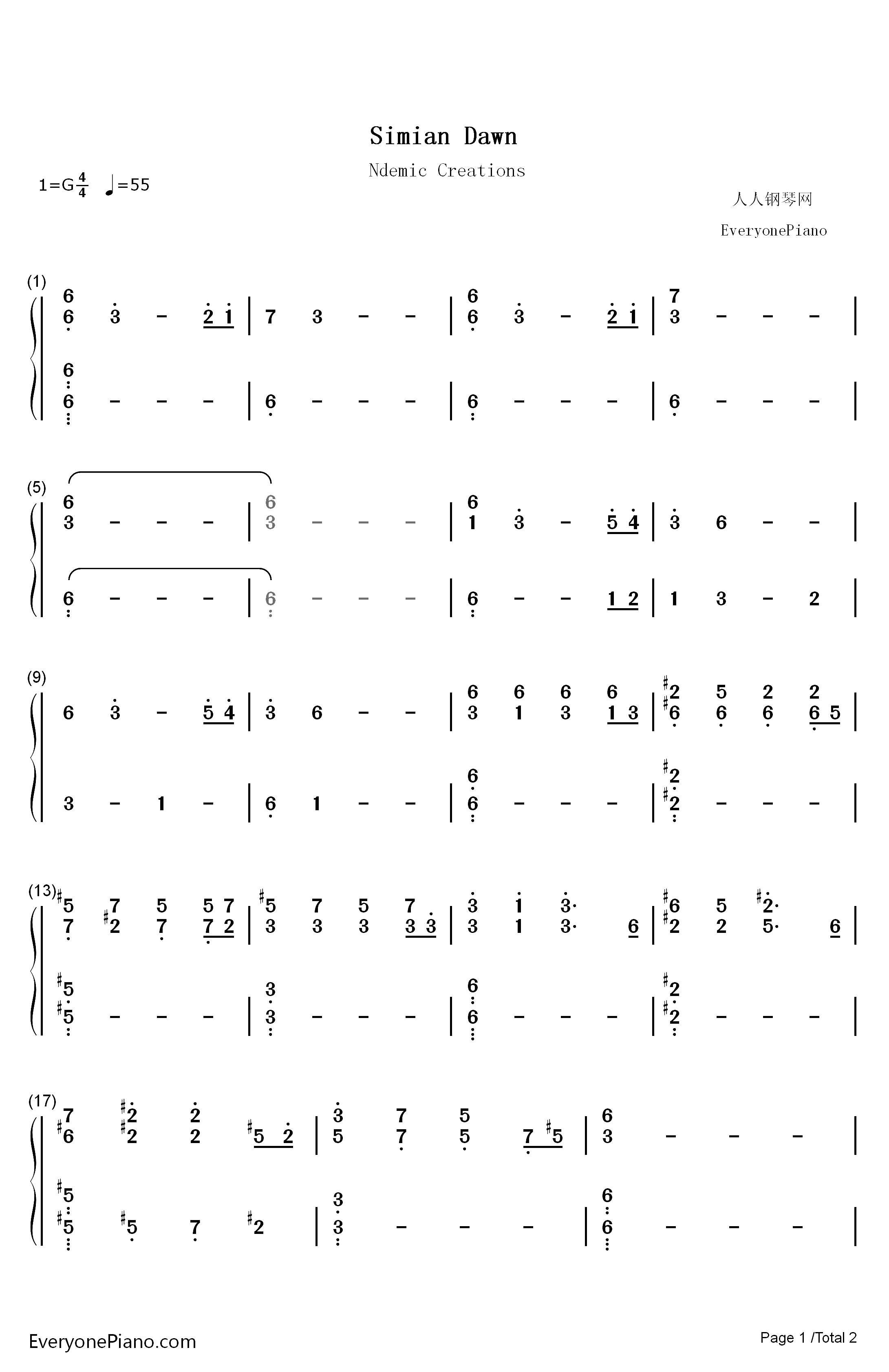 Simian Dawn钢琴简谱-数字双手-Ndemic Creations