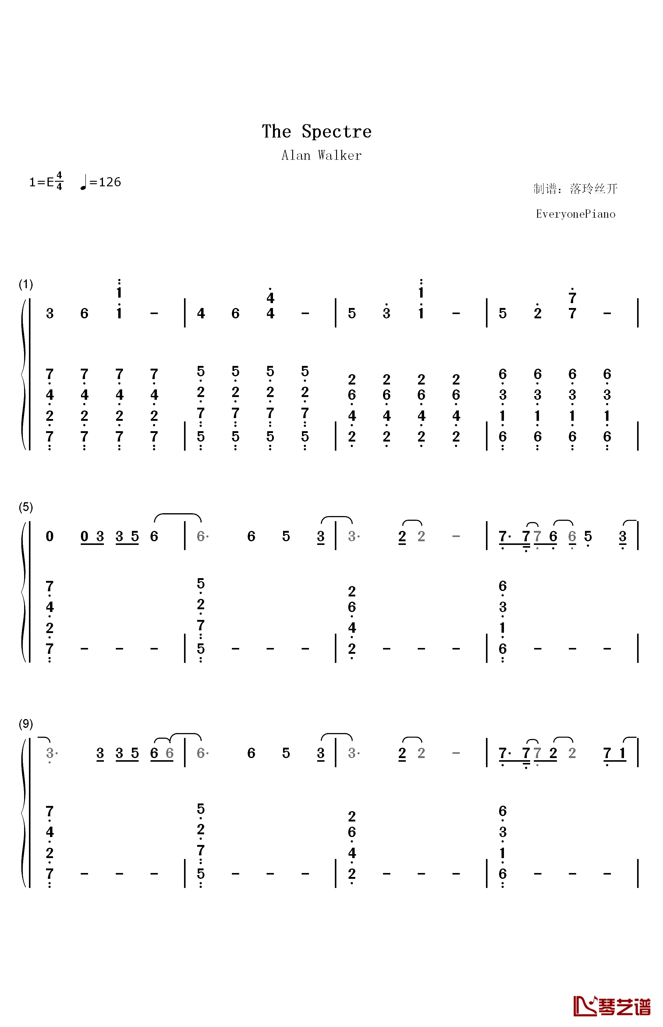 The Spectre钢琴简谱-数字双手-Alan Walker
