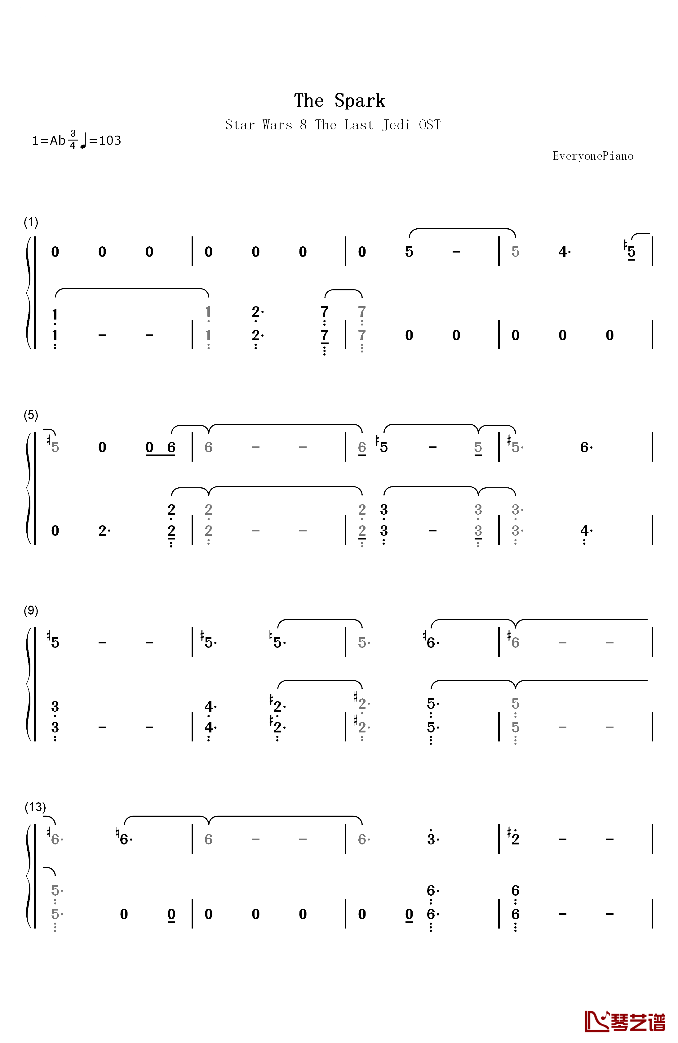 The Spark钢琴简谱-数字双手-John Williams