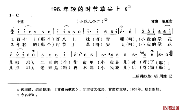 年轻的时节草尖上飞简谱-