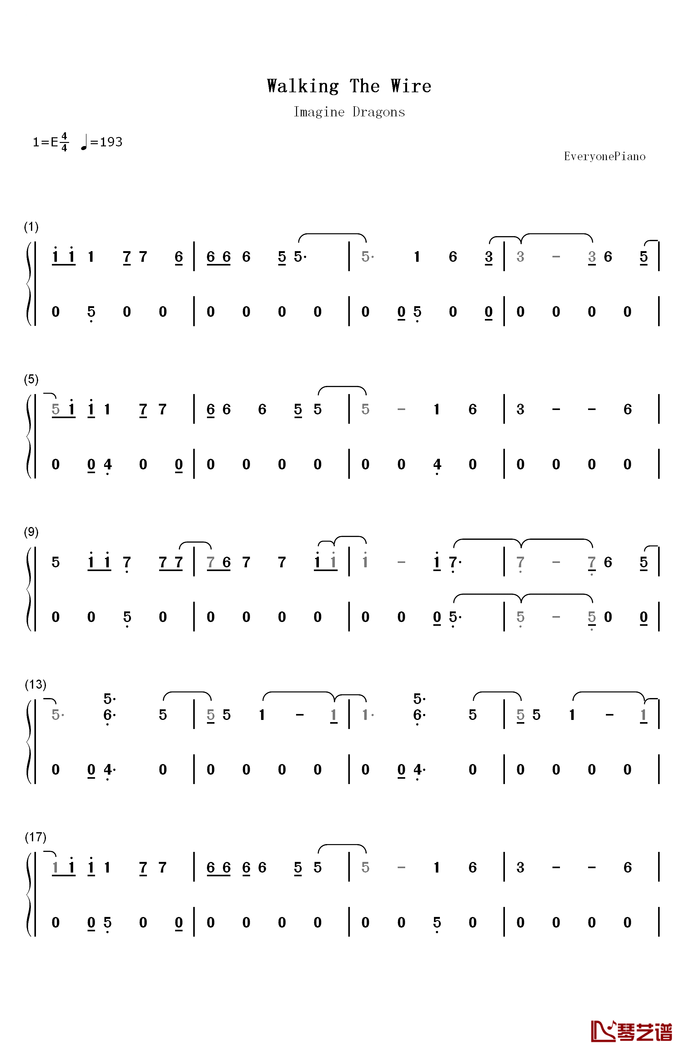 Walking the Wire钢琴简谱-数字双手-Imagine Dragons
