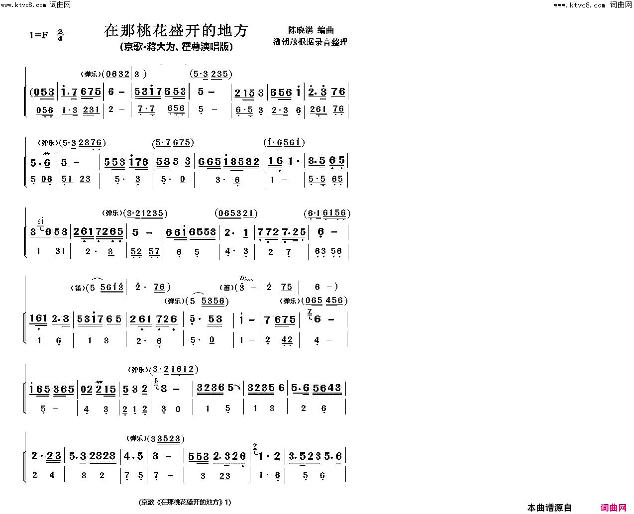 《在那桃花盛开的地方》 蒋大为、霍尊京歌演唱版(简单民乐小合奏曲谱兼作演唱伴奏谱)简谱-蒋大为演唱-盛达曲谱