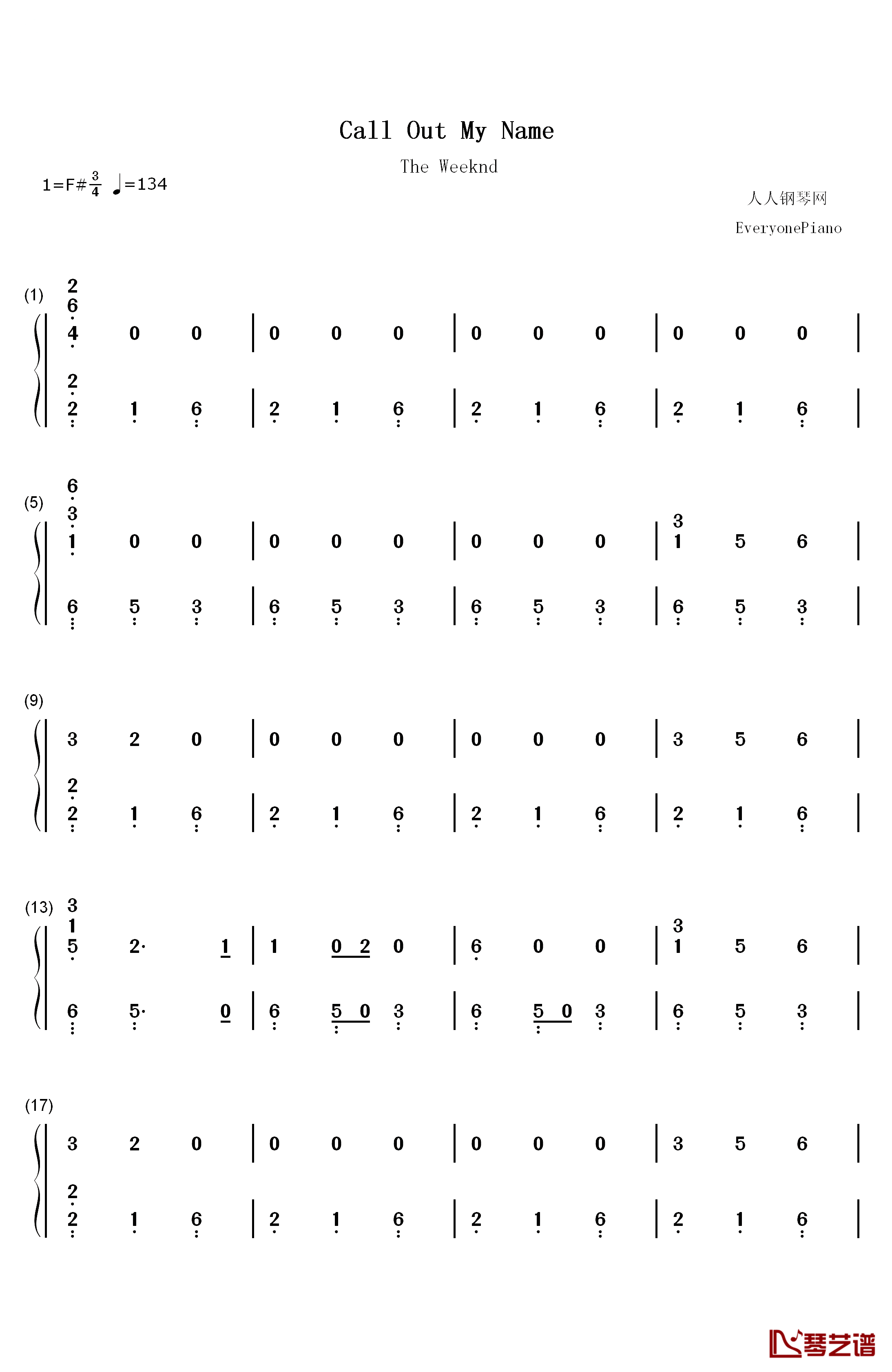 Call Out My Name钢琴简谱-数字双手-The Weeknd