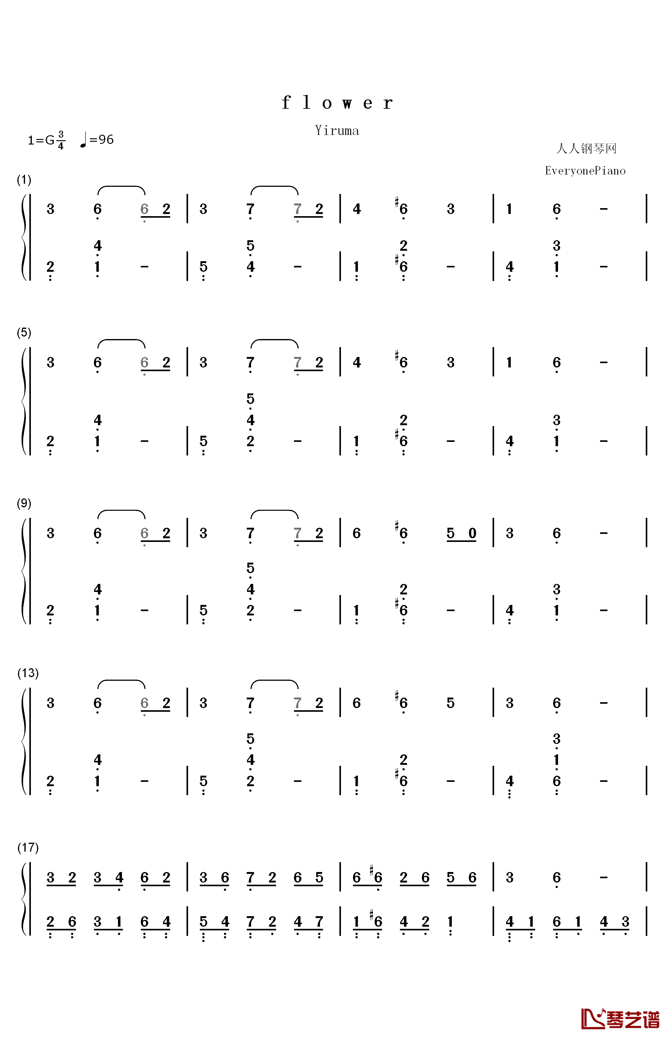 f l o w e r钢琴简谱-数字双手-李闰珉