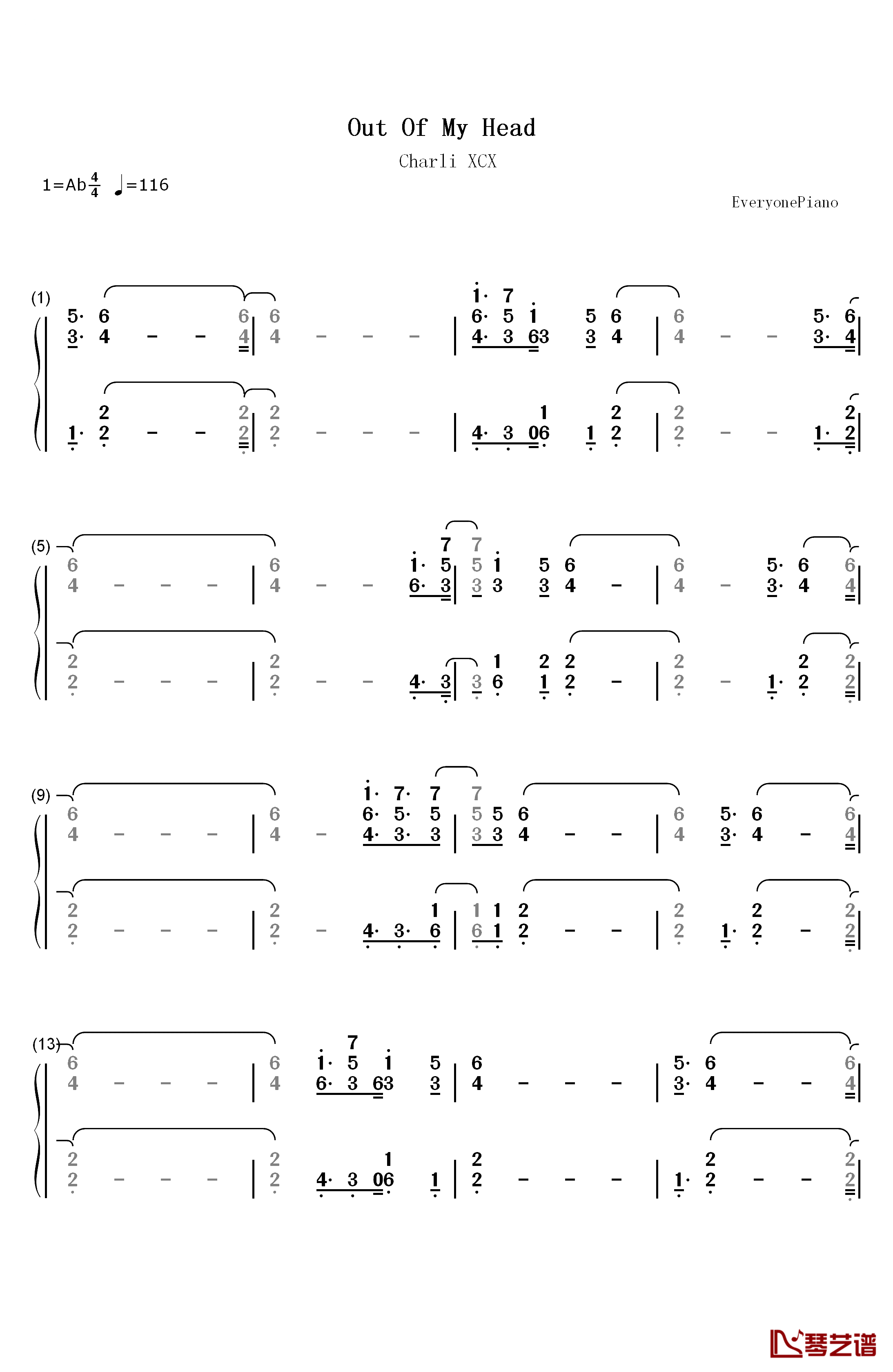 Out Of My Head钢琴简谱-数字双手-Charli XCX