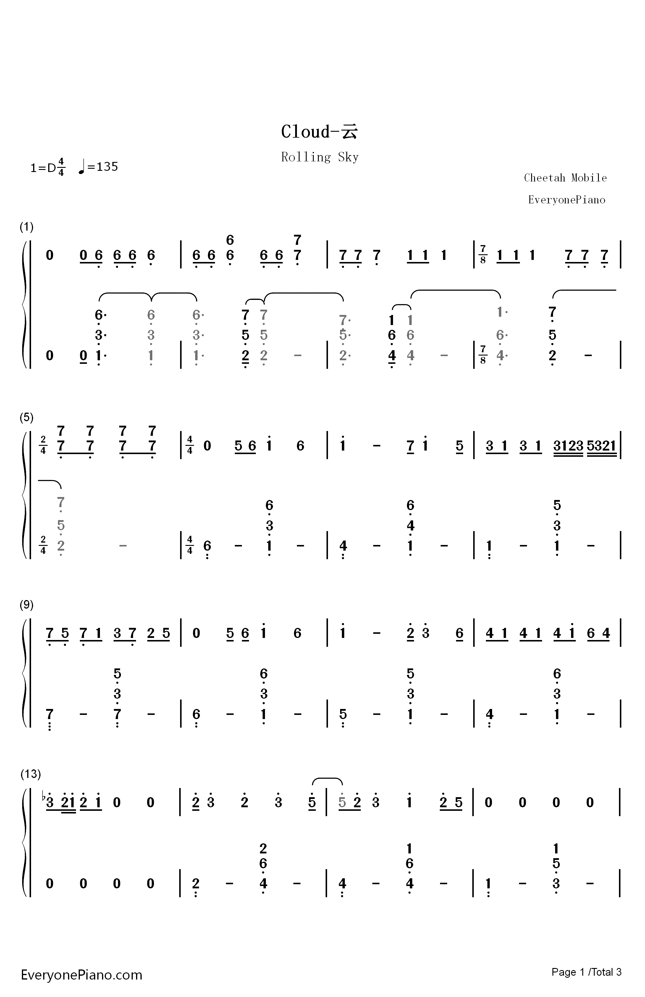 Cloud钢琴简谱-数字双手-Cheetah Mobile