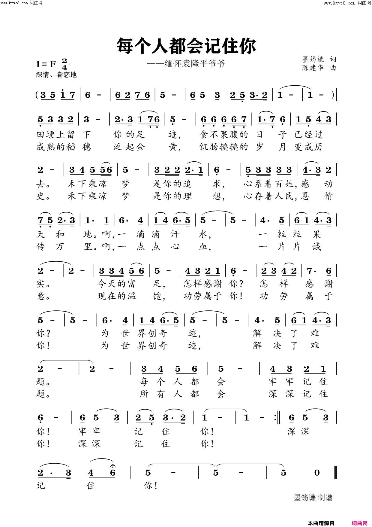 每个人都会记住你(缅怀袁隆平爷爷 陈建华版)简谱-墨筠谦曲谱