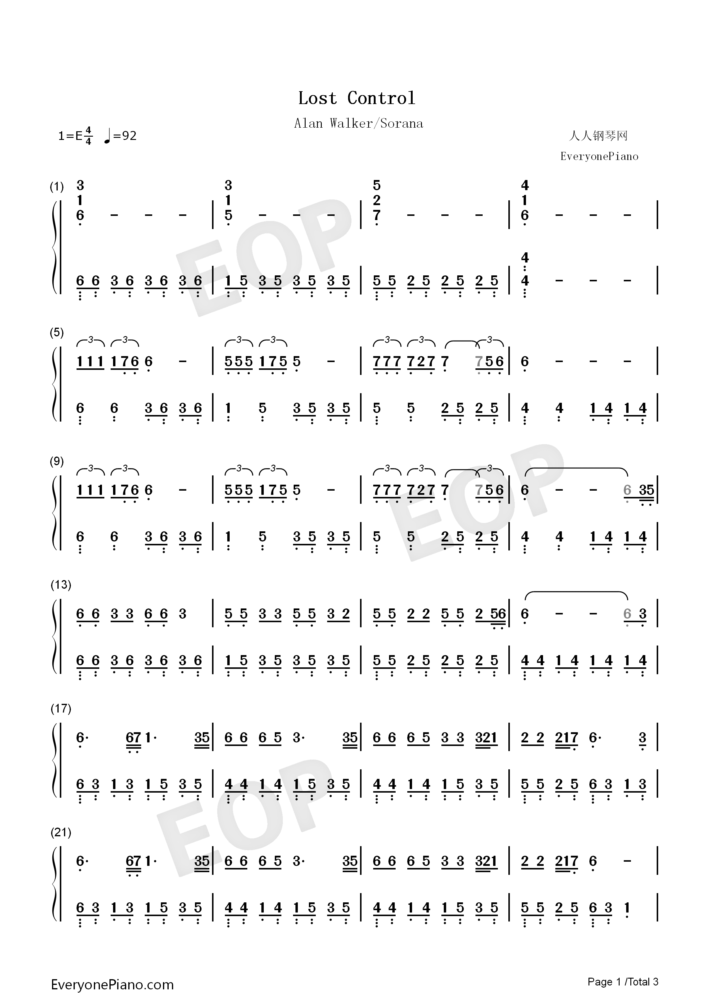 Lost Control钢琴简谱-Alan Walker Sorana演唱