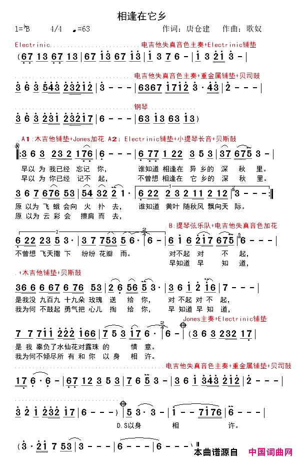 相逢在它乡简谱-倪尔萍演唱-唐仓建/歌奴、尹庆全词曲