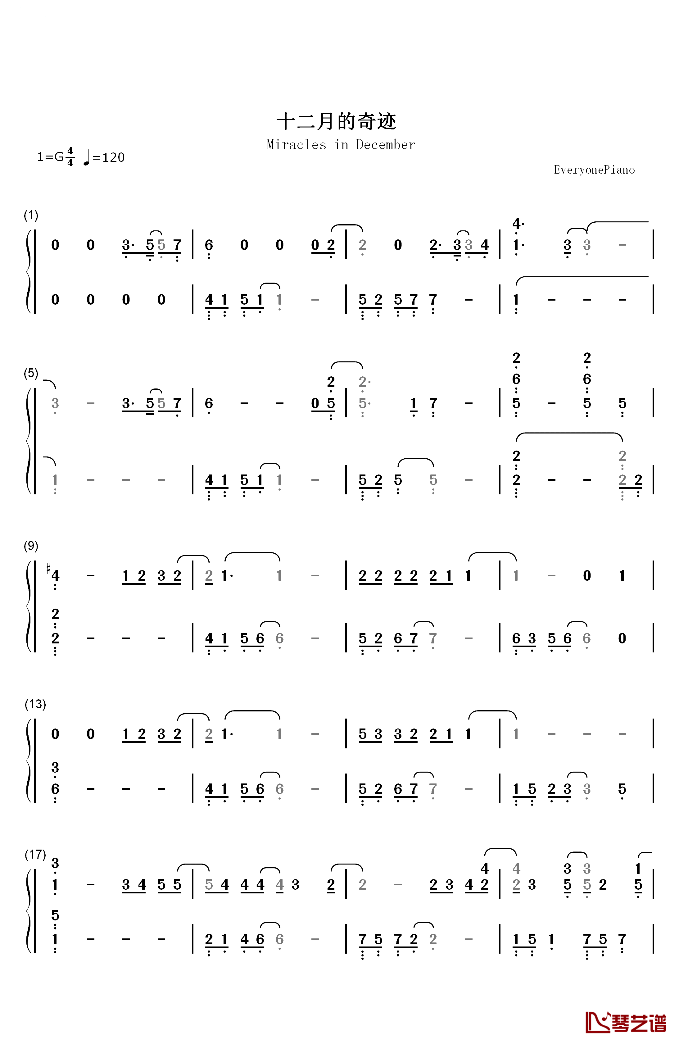 十二月的奇迹钢琴简谱-数字双手-EXO