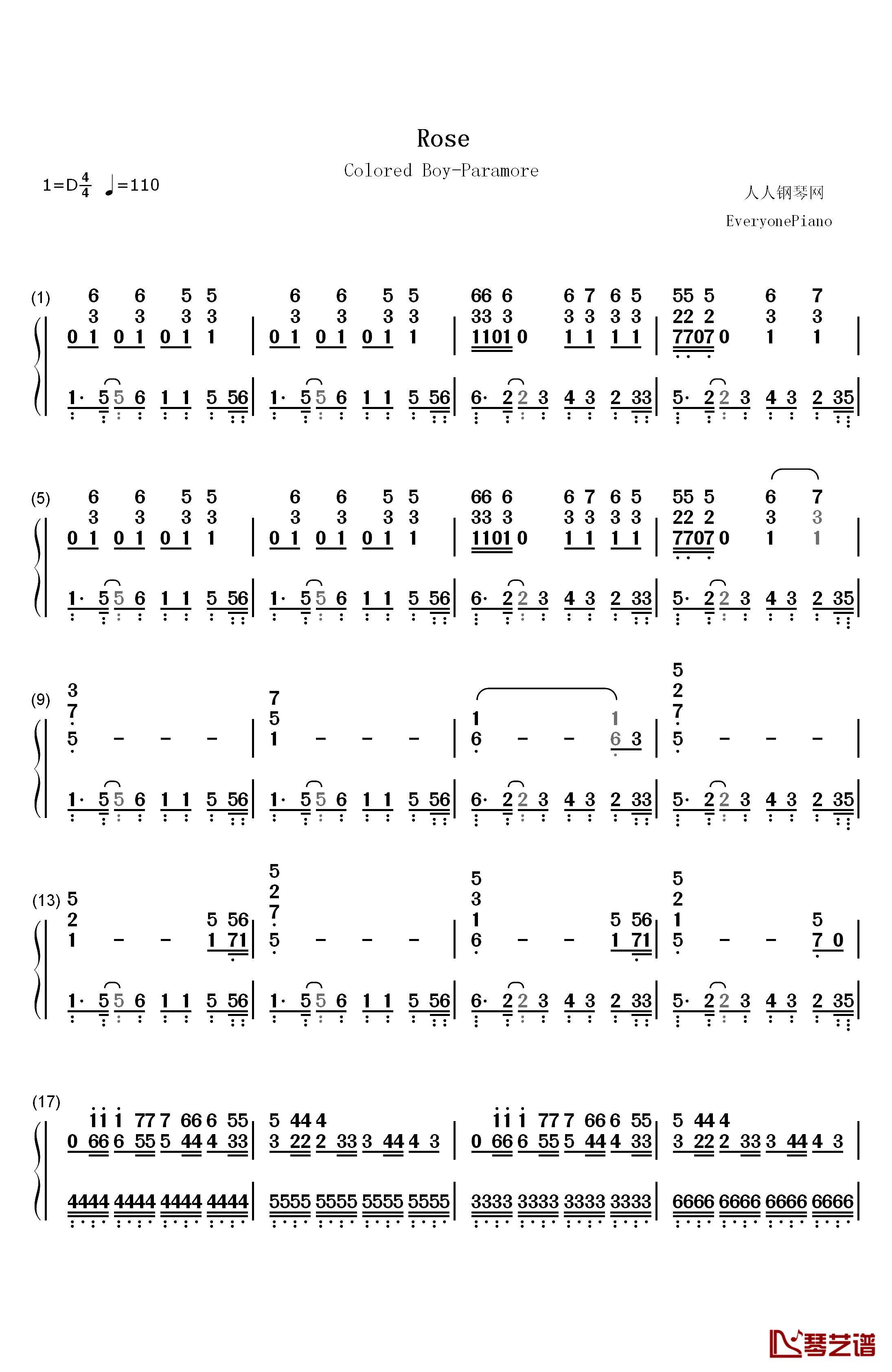 Rose钢琴简谱-数字双手-Paramore