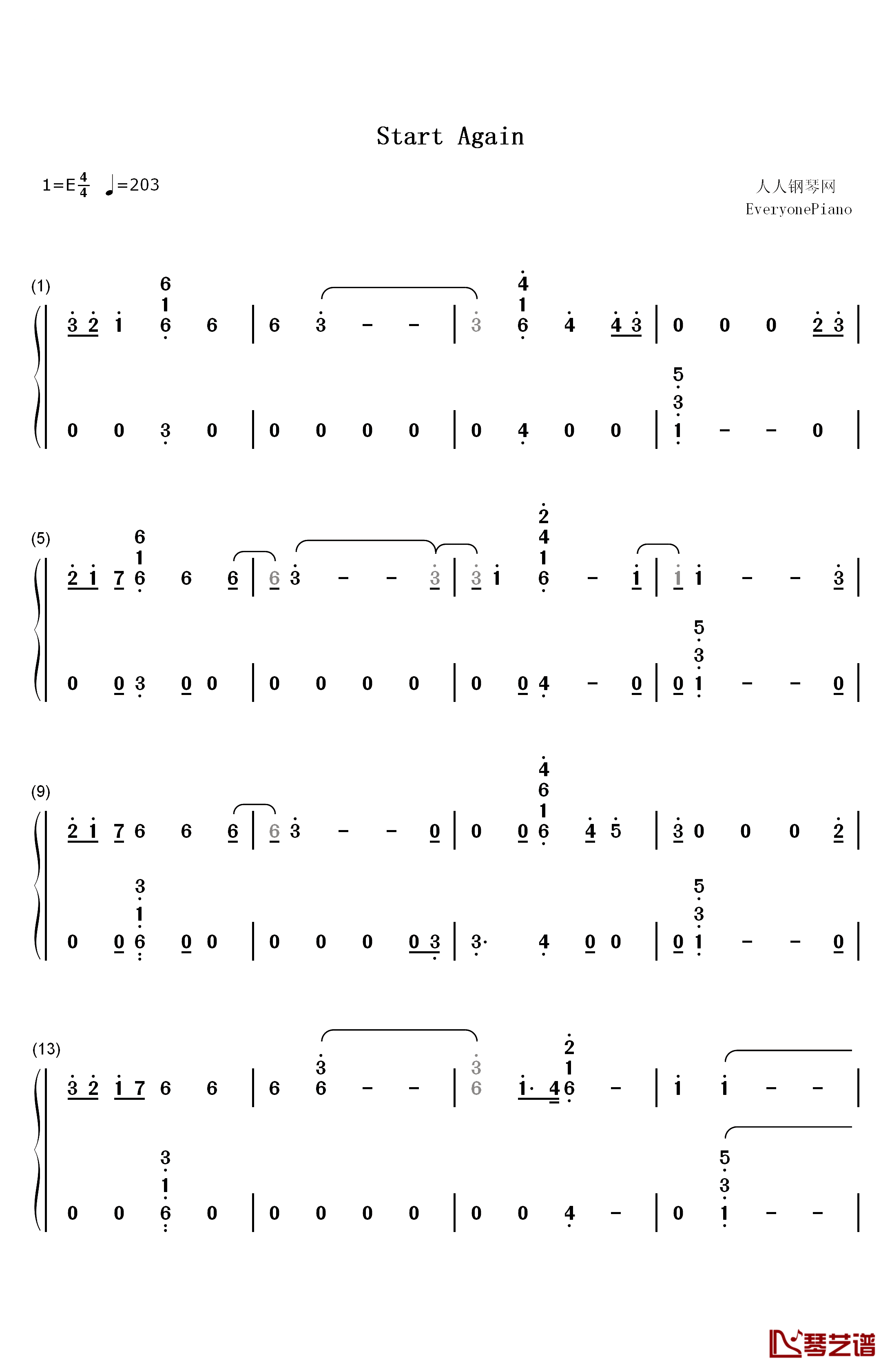 Start Again钢琴简谱-数字双手-OneRepublic Logic