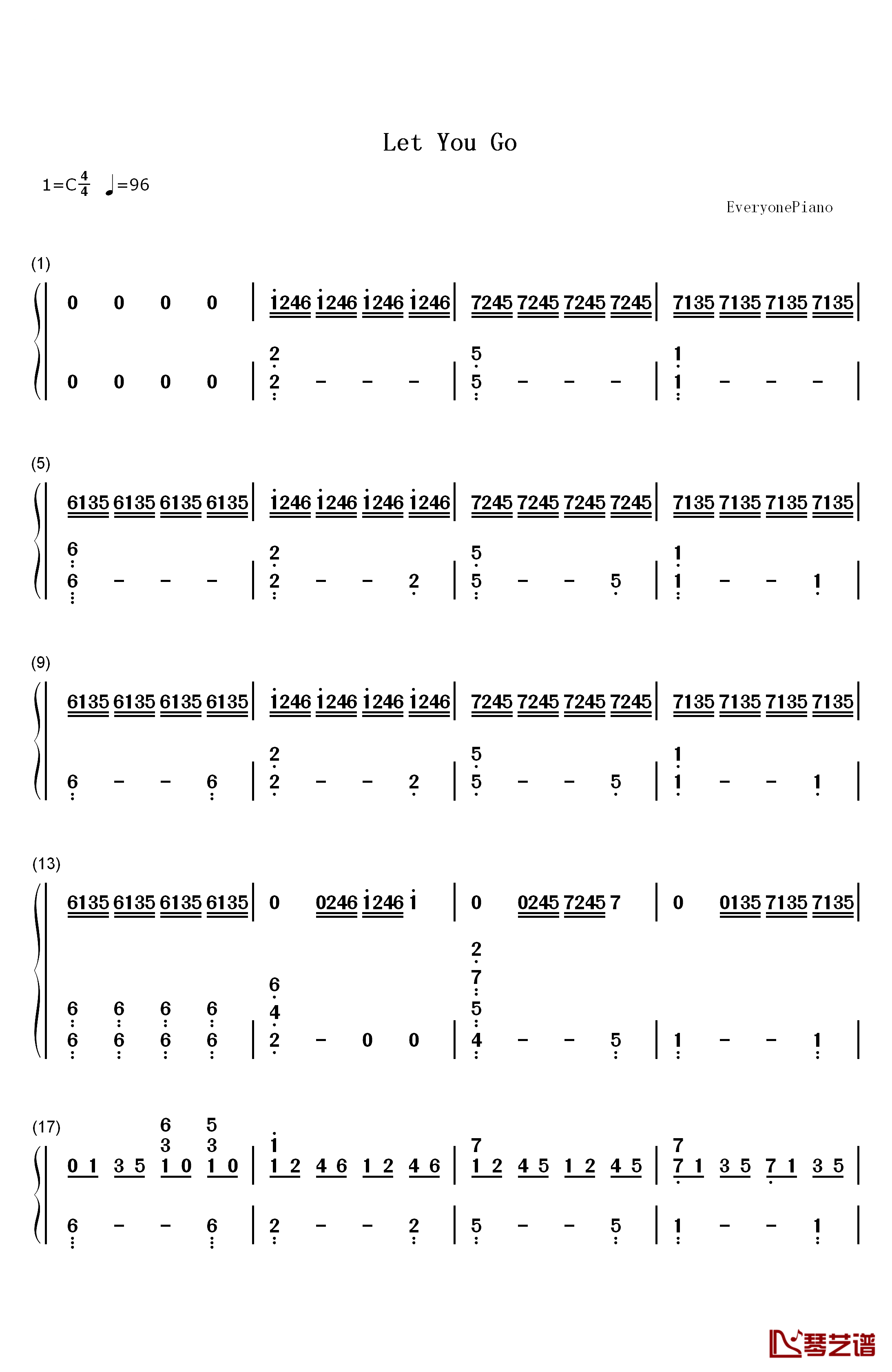 Let You Go钢琴简谱-数字双手-牛奶咖啡