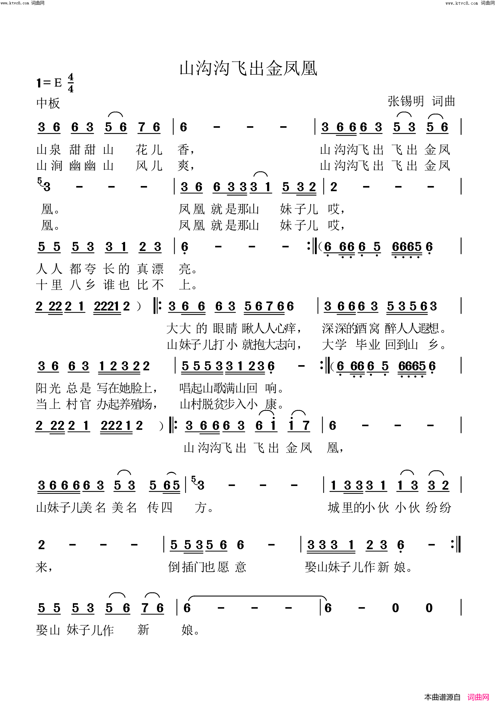 山沟沟飞出金凤凰简谱-张锡明曲谱