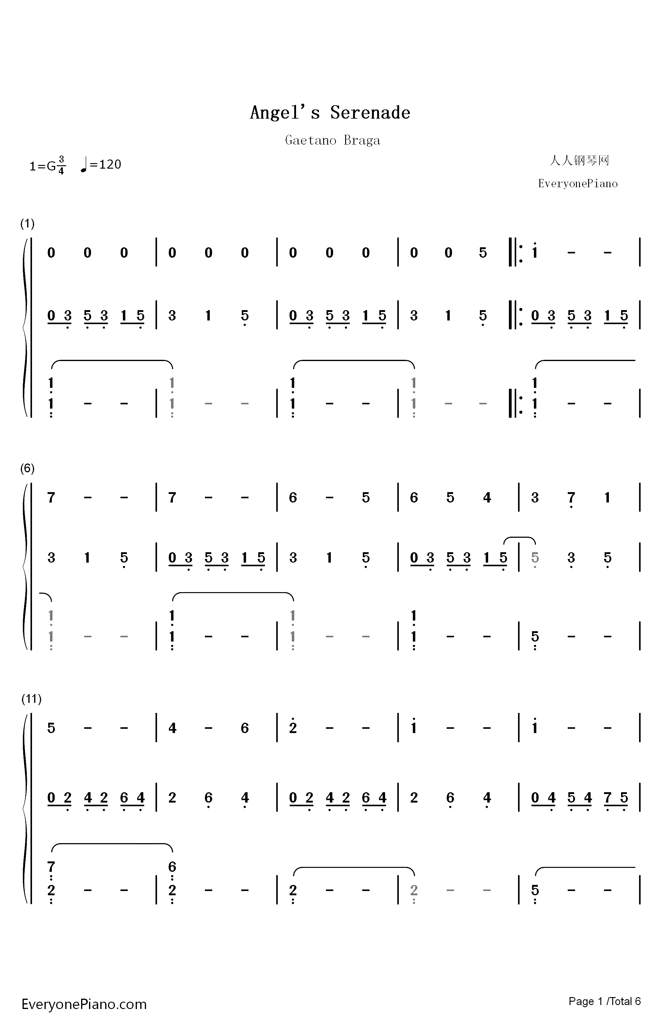 Angels Serenade钢琴简谱-数字双手-Gaetano Braga