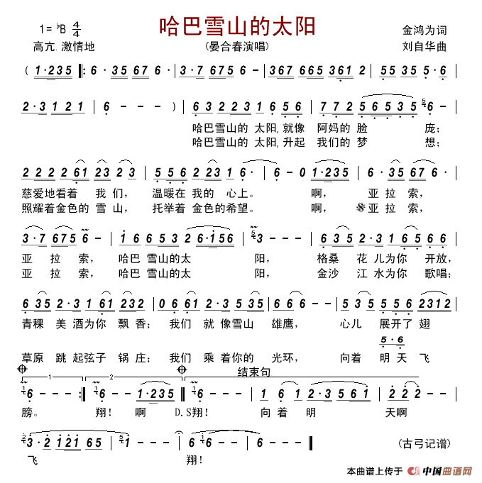 哈巴雪山的太阳简谱-晏合春演唱-古弓制作曲谱