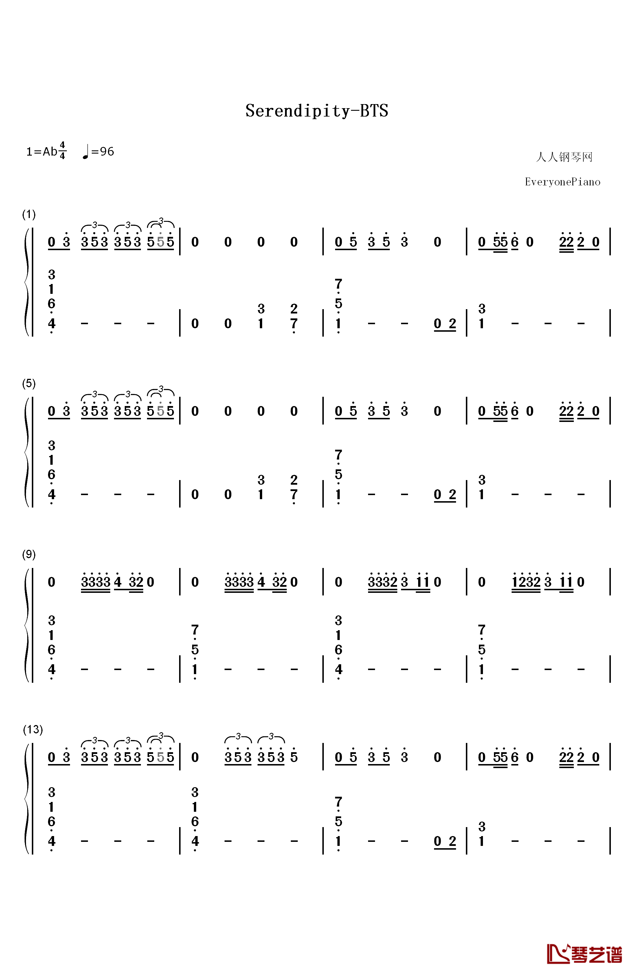 Serendipity钢琴简谱-数字双手-防弹少年团