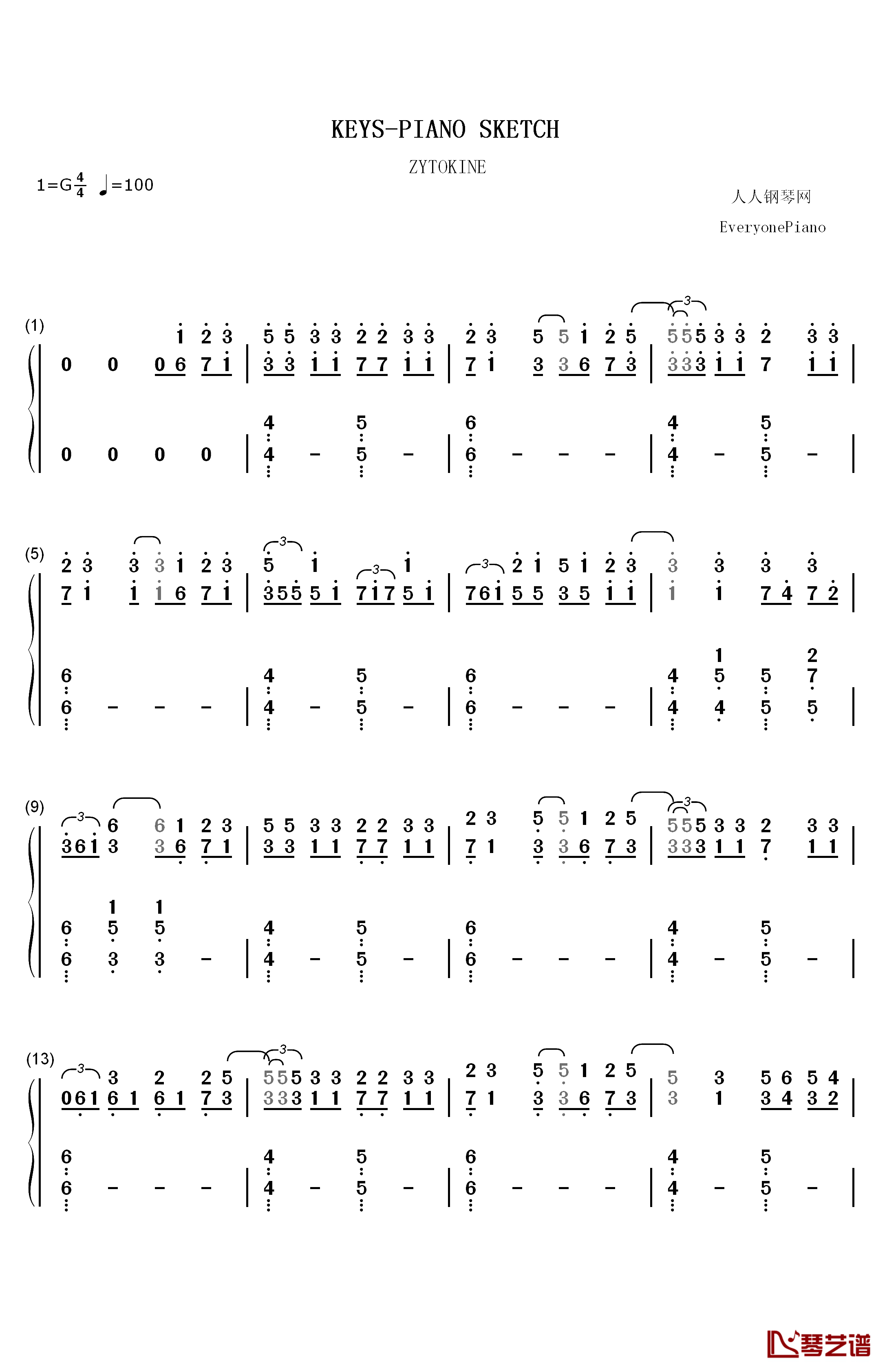 KEYS钢琴简谱-数字双手-ZYTOKINE