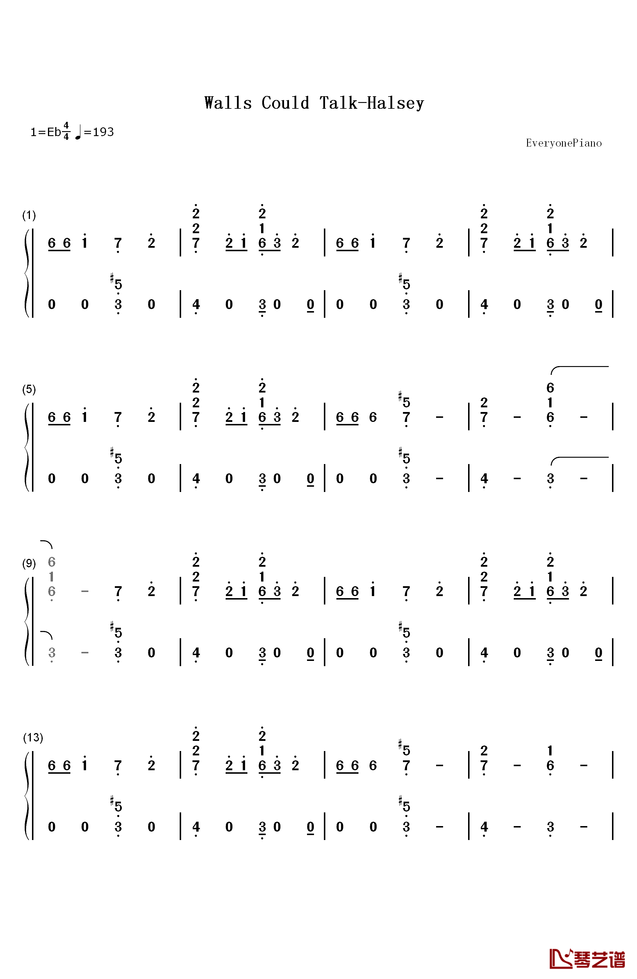 Walls Could Talk钢琴简谱-数字双手-Halsey