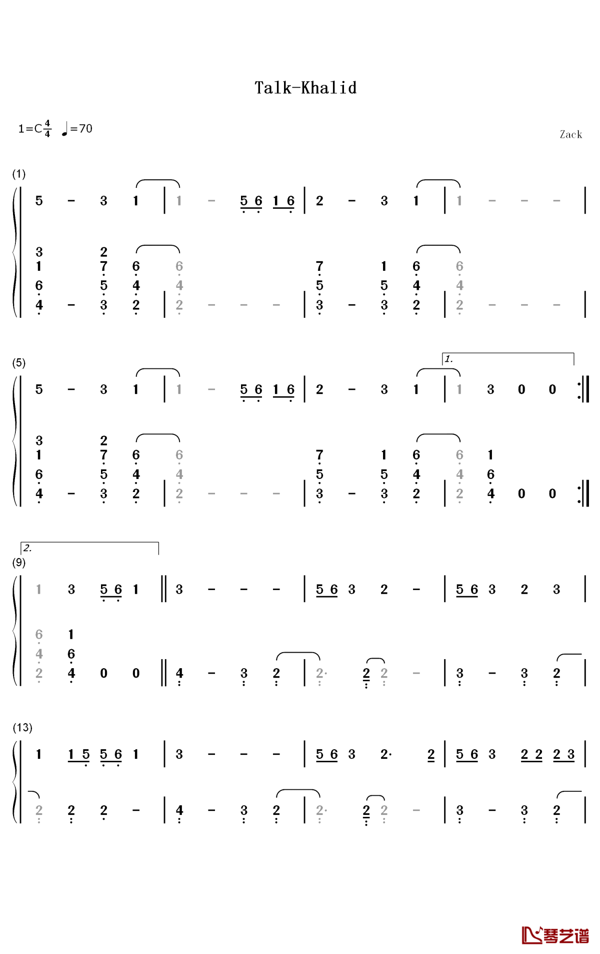 Talk钢琴简谱-数字双手-Khalid