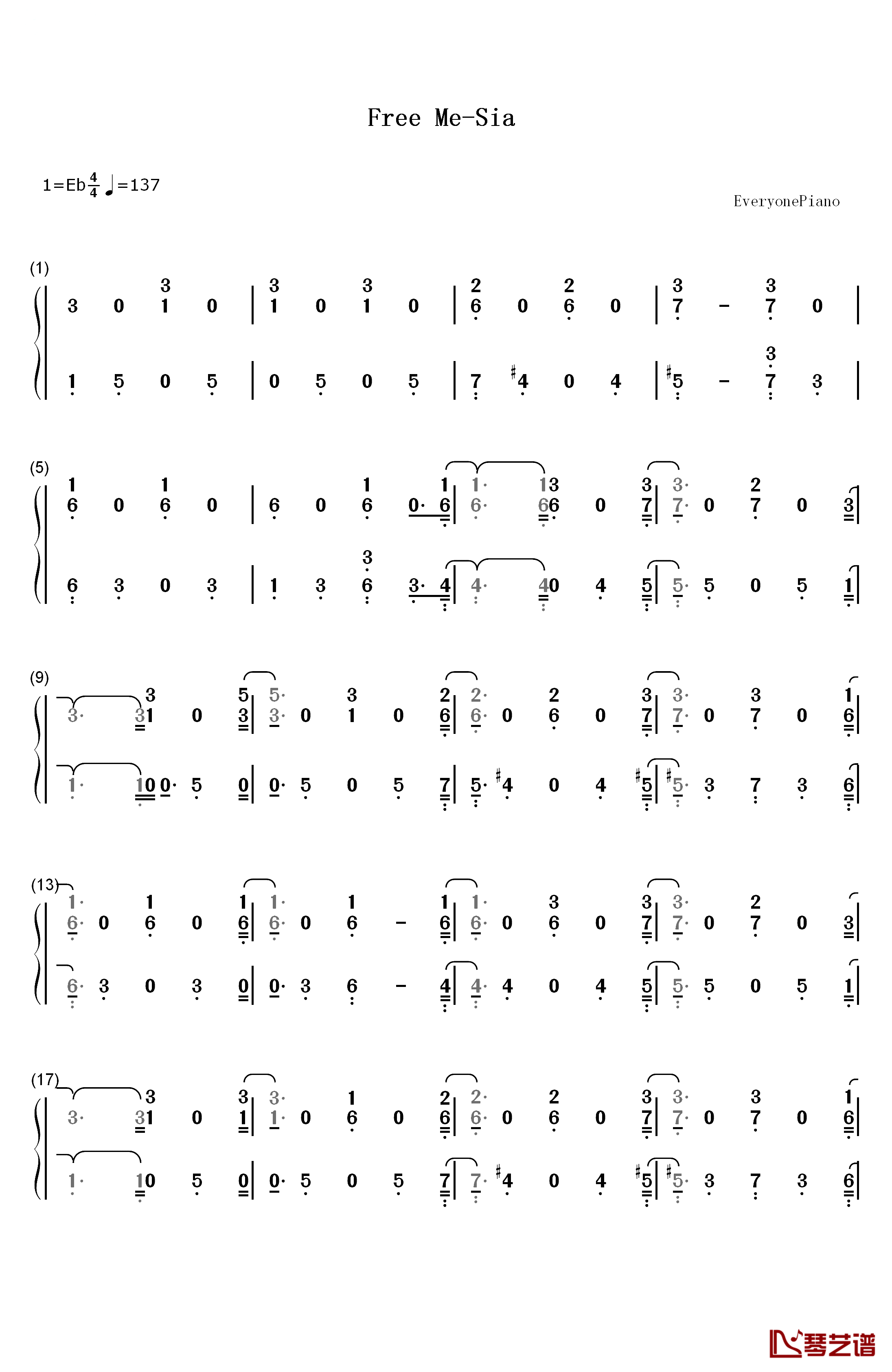 Free Me钢琴简谱-数字双手-Sia