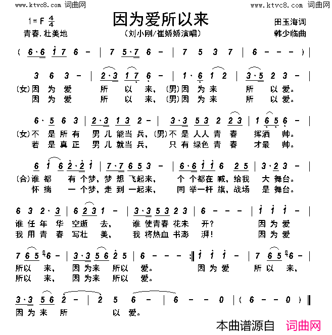 因为爱所以来简谱-刘小刚演唱-田玉海/韩少临词曲