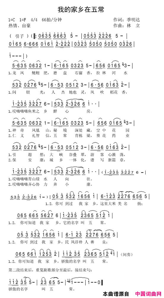 我的家乡在五常简谱-闫凤梅演唱-季明达/林立词曲