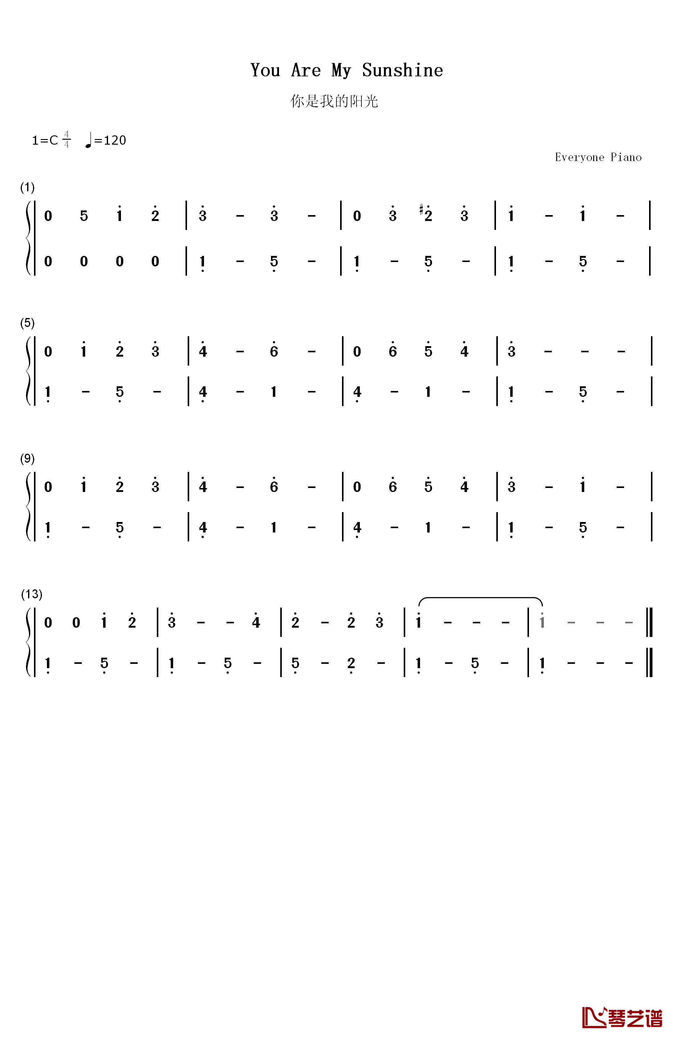 You Are My Sunshine超简单版钢琴简谱-数字双手-Jimmie Davis