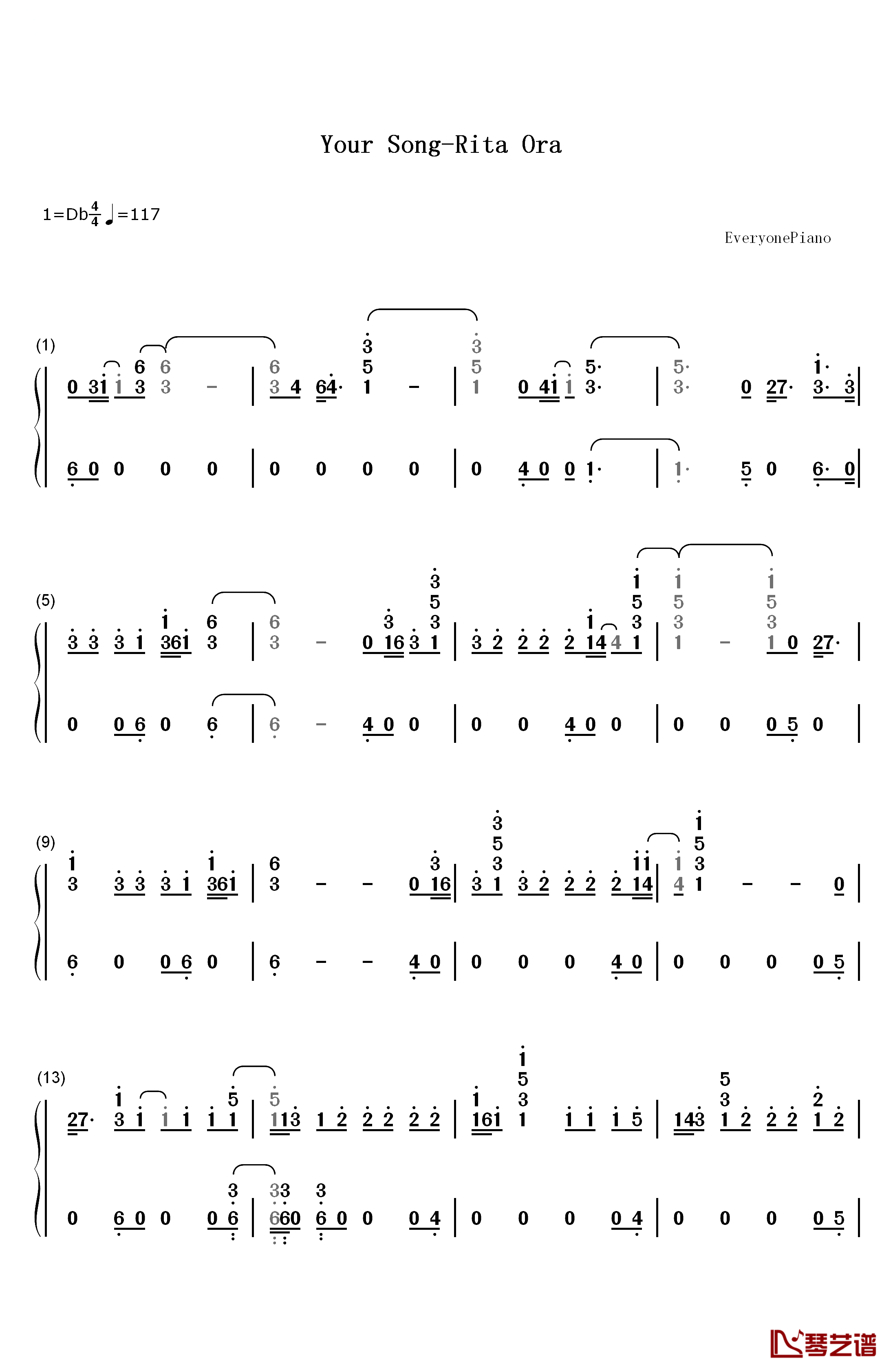 Your Song钢琴简谱-数字双手-Rita Ora