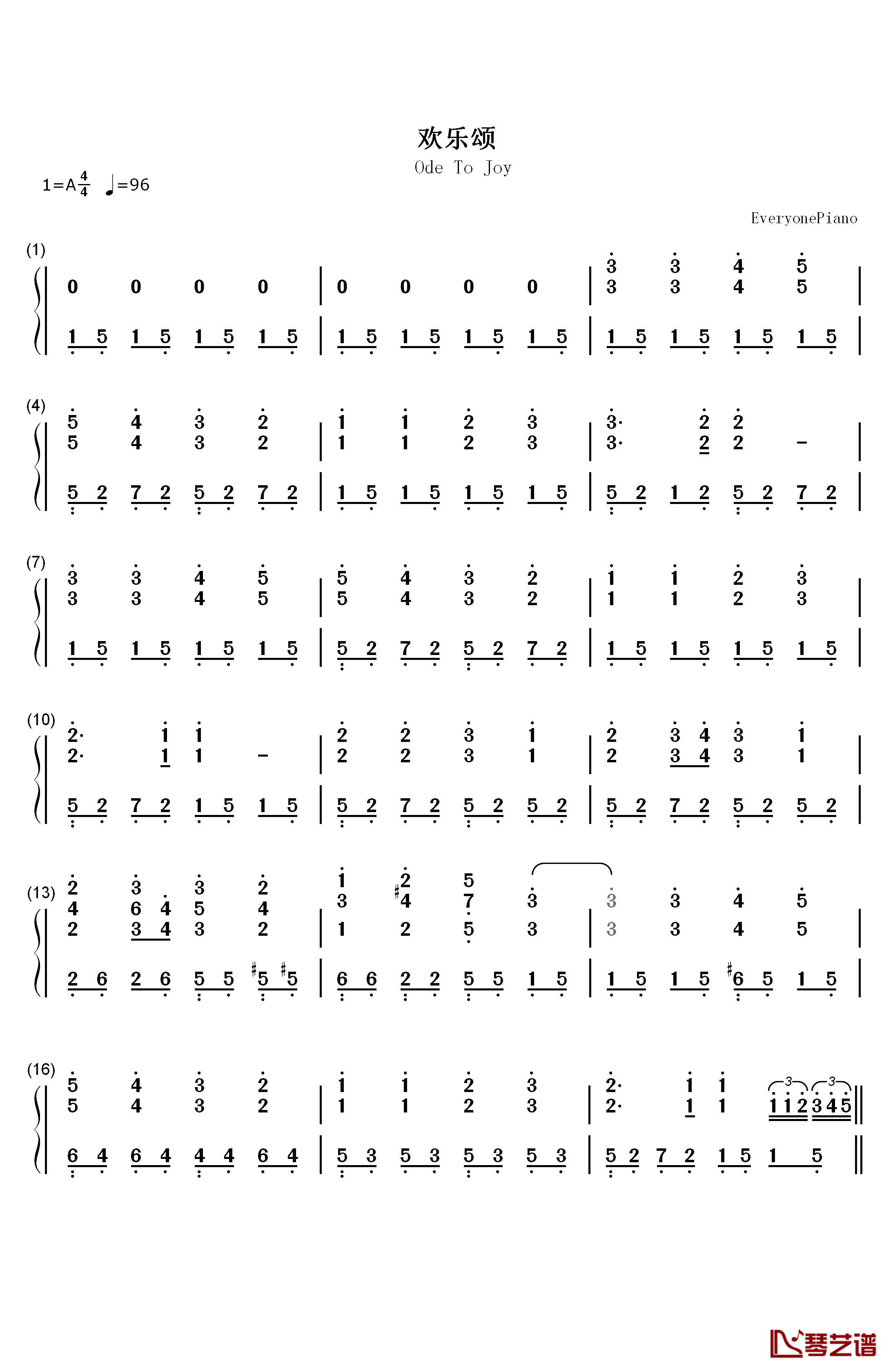 欢乐颂钢琴简谱-数字双手-理查德克莱德曼