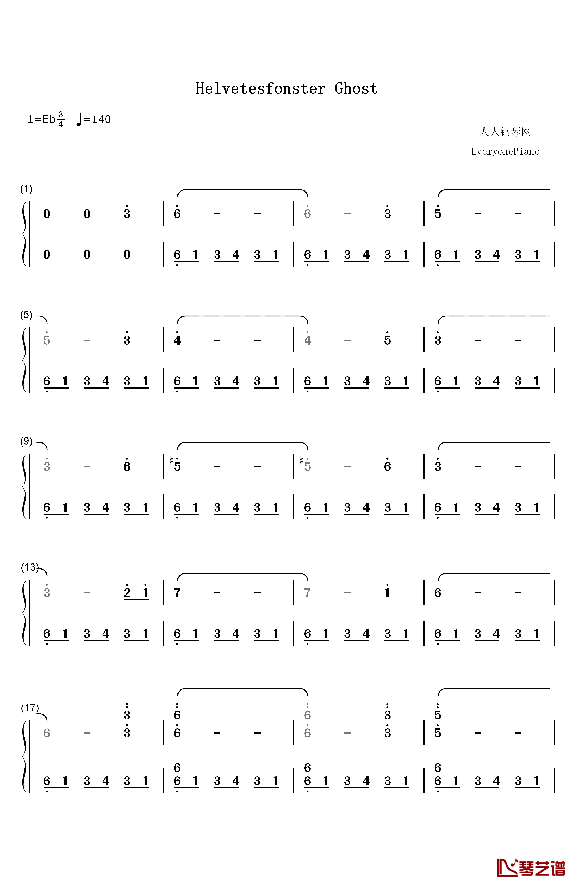 Helvetesfonster钢琴简谱-数字双手-Ghost