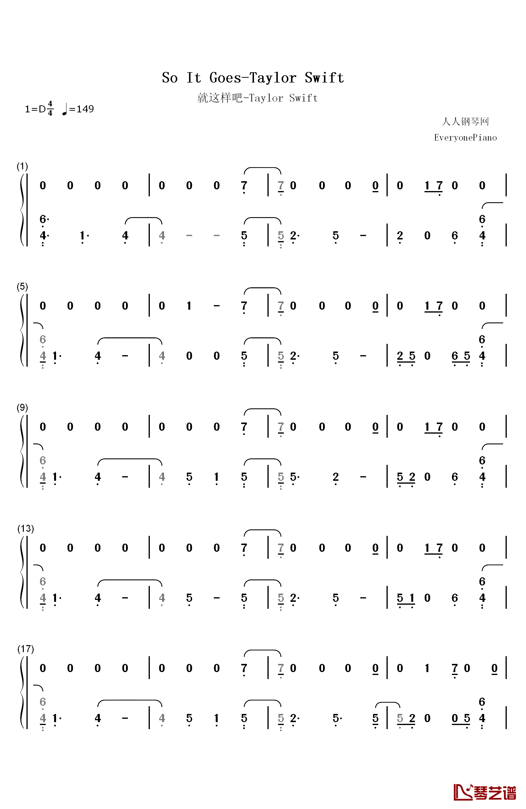 So It Goes…钢琴简谱-数字双手-Taylor Swift