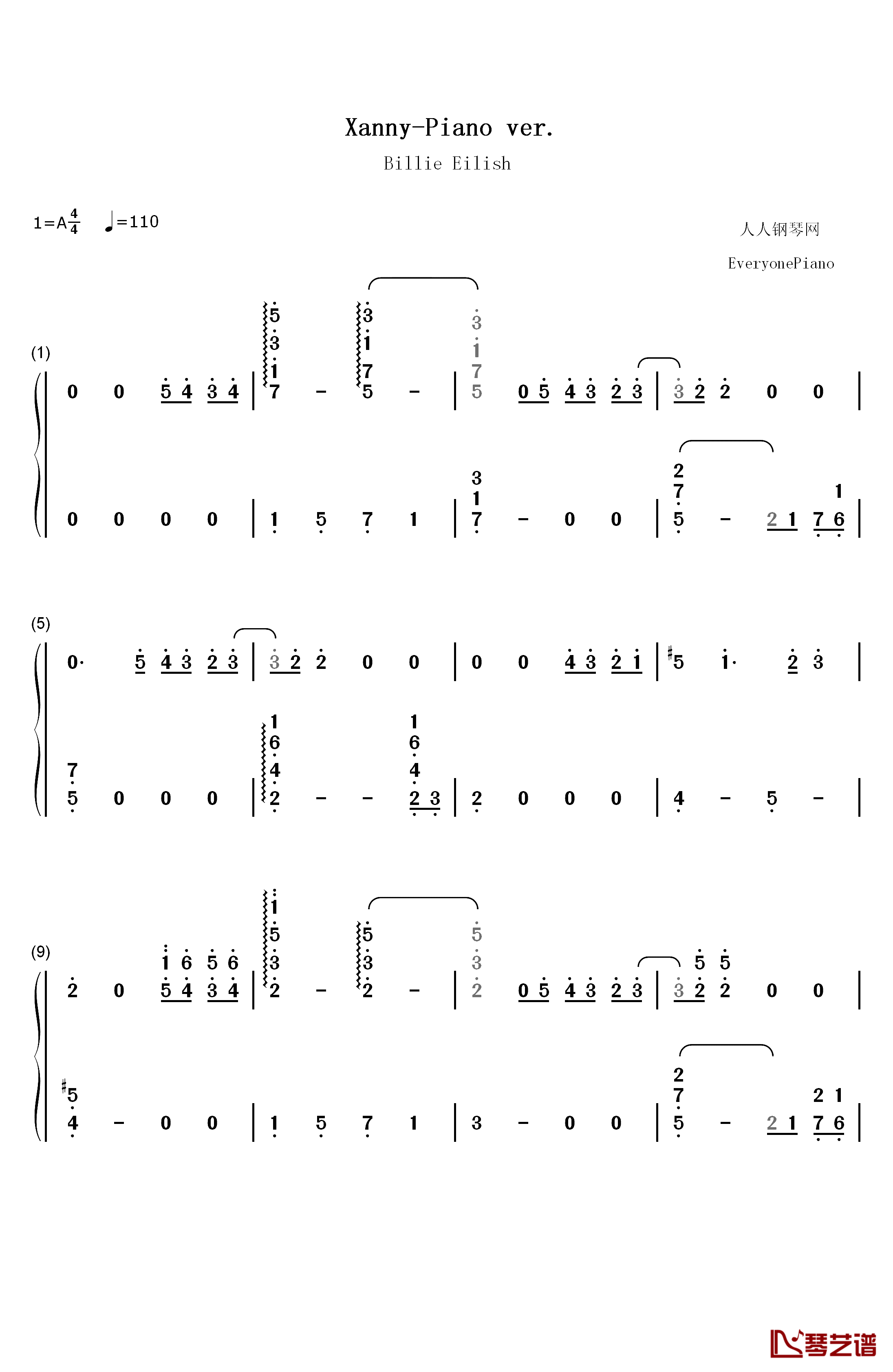 Xanny钢琴简谱-数字双手-Billie Eilish