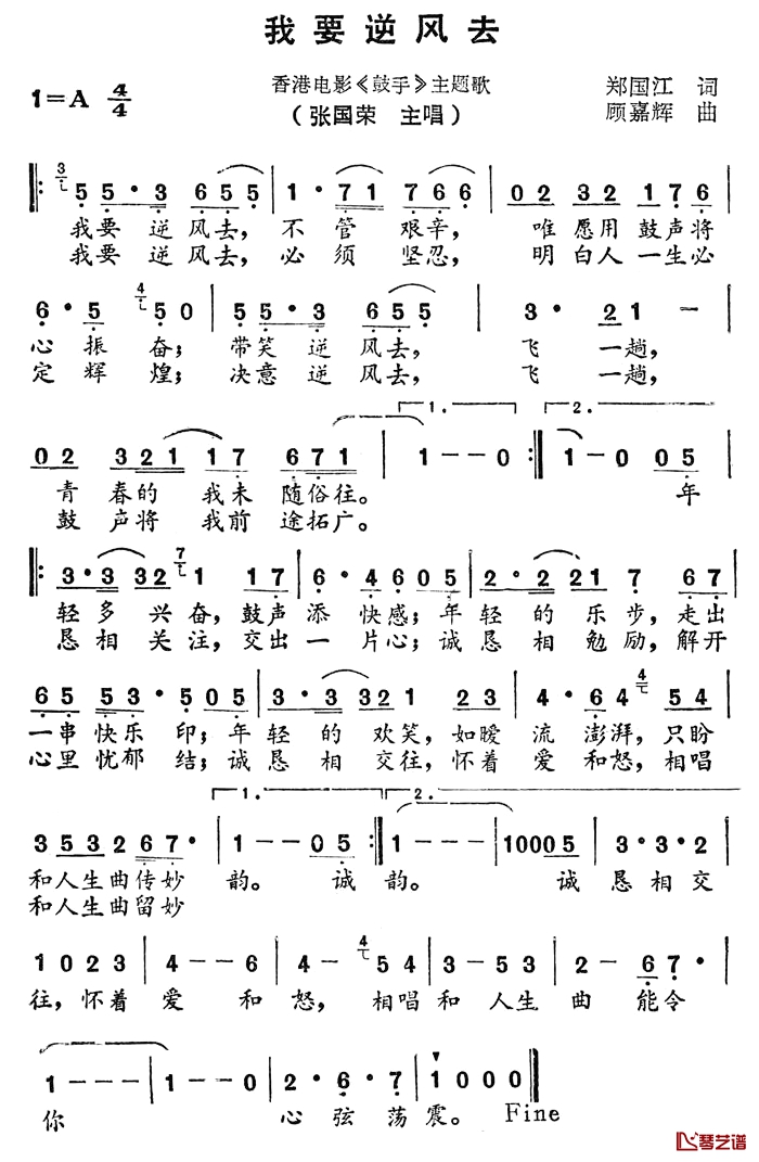 我要逆风去简谱-香港电影《鼓手》主题歌张国荣-