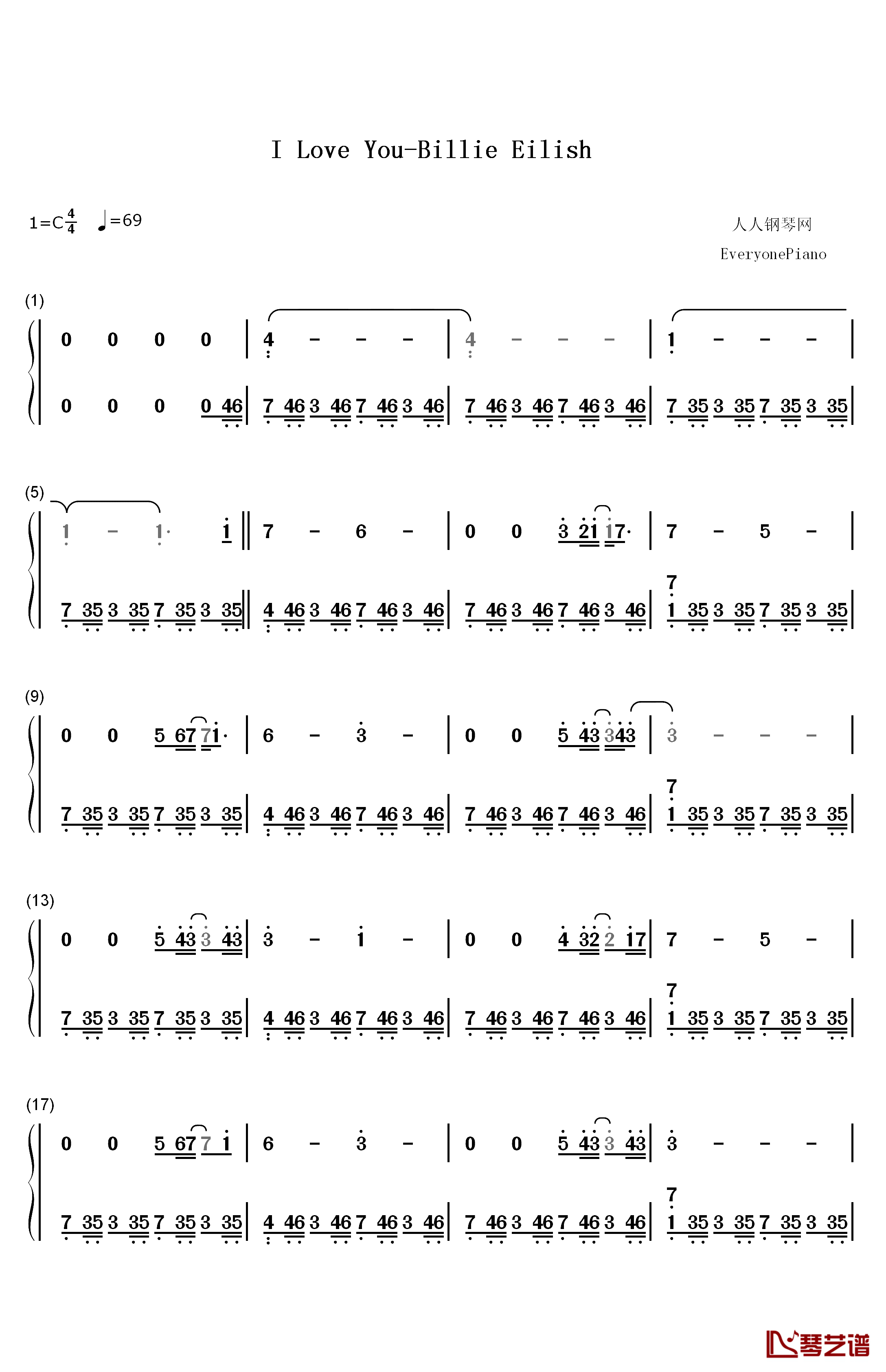I Love You钢琴简谱-数字双手-Billie Eilish