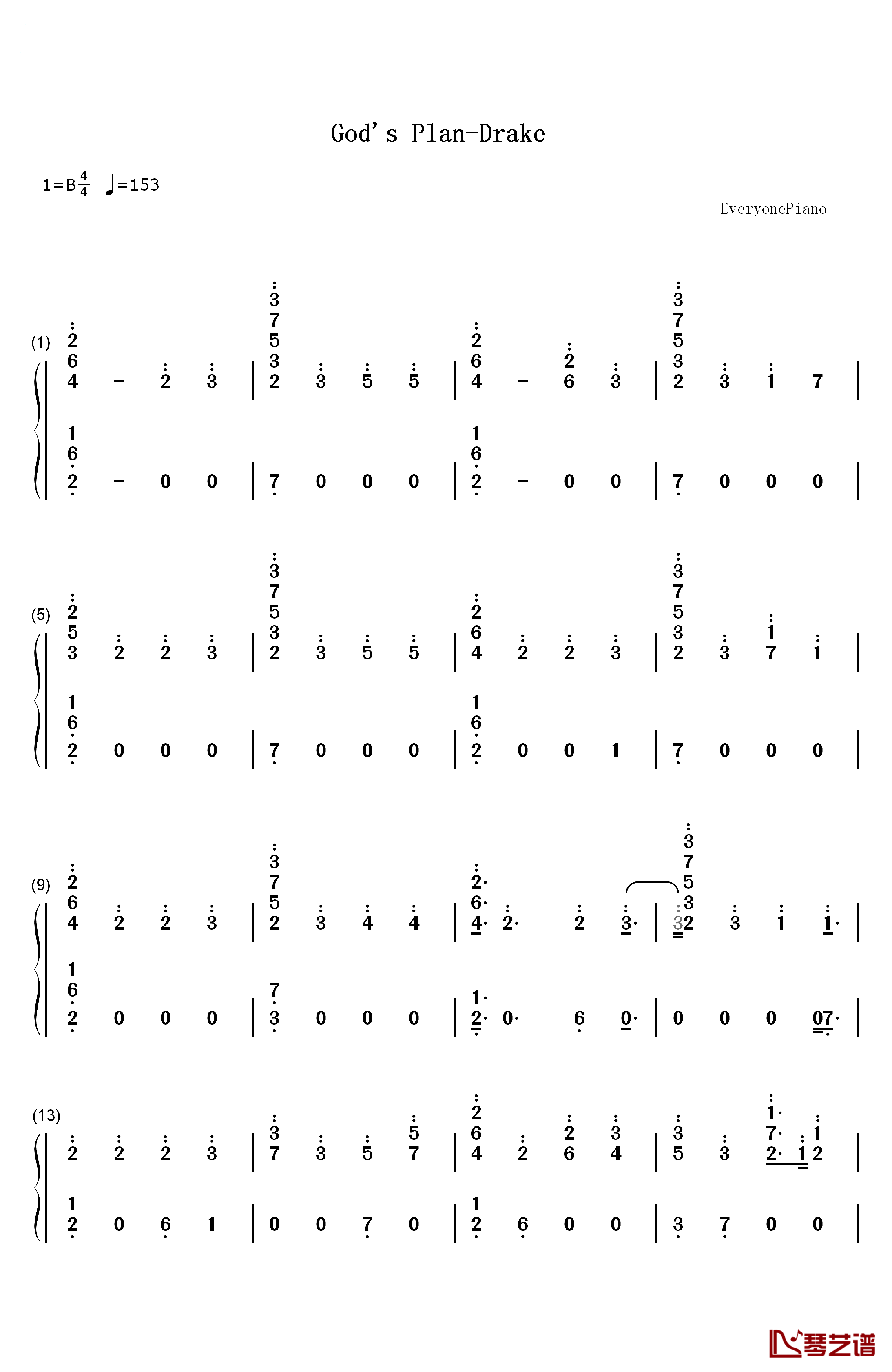 God's Plan钢琴简谱-数字双手-Drake