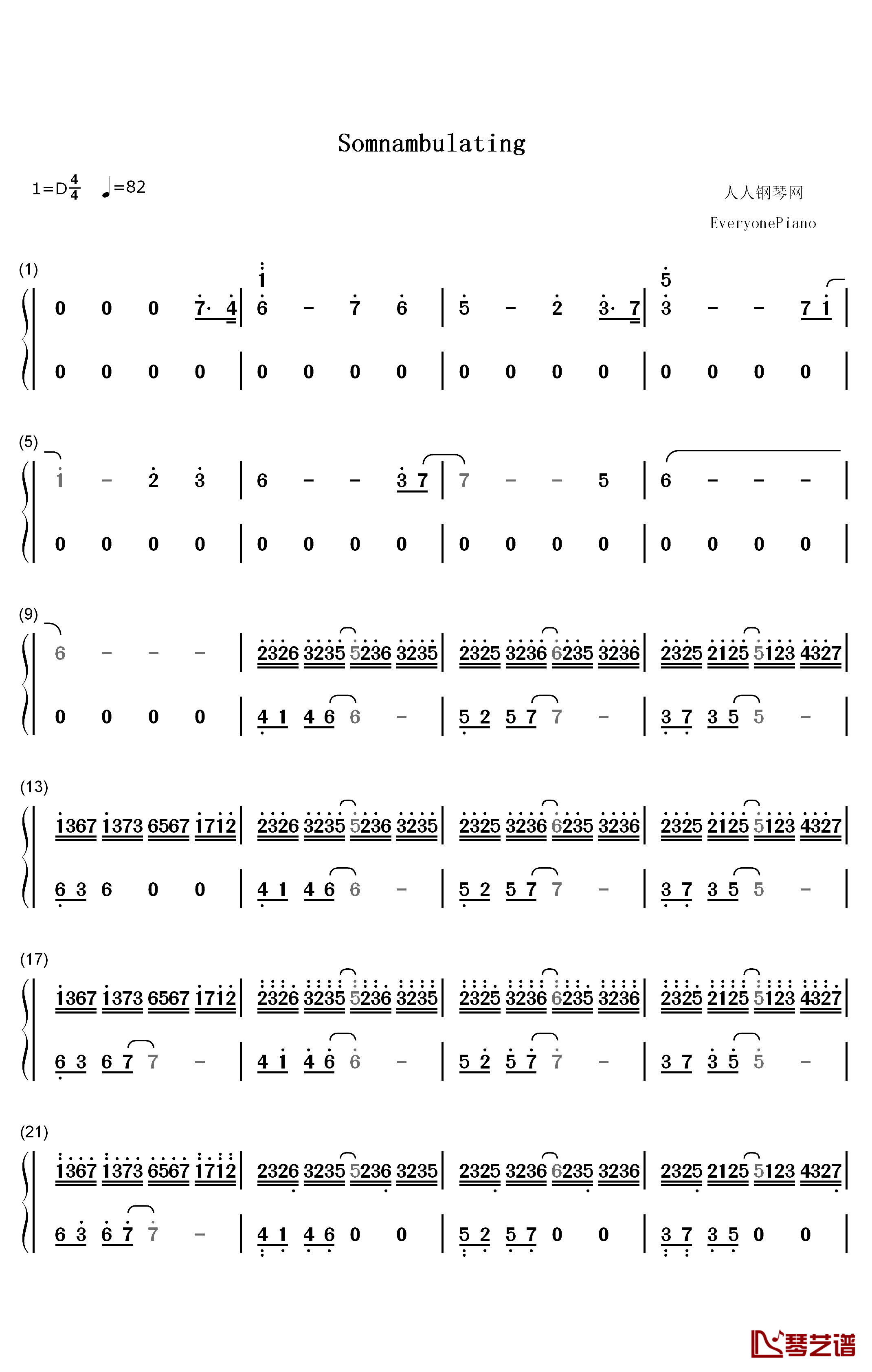 Somnambulating钢琴简谱-数字双手-羽肿