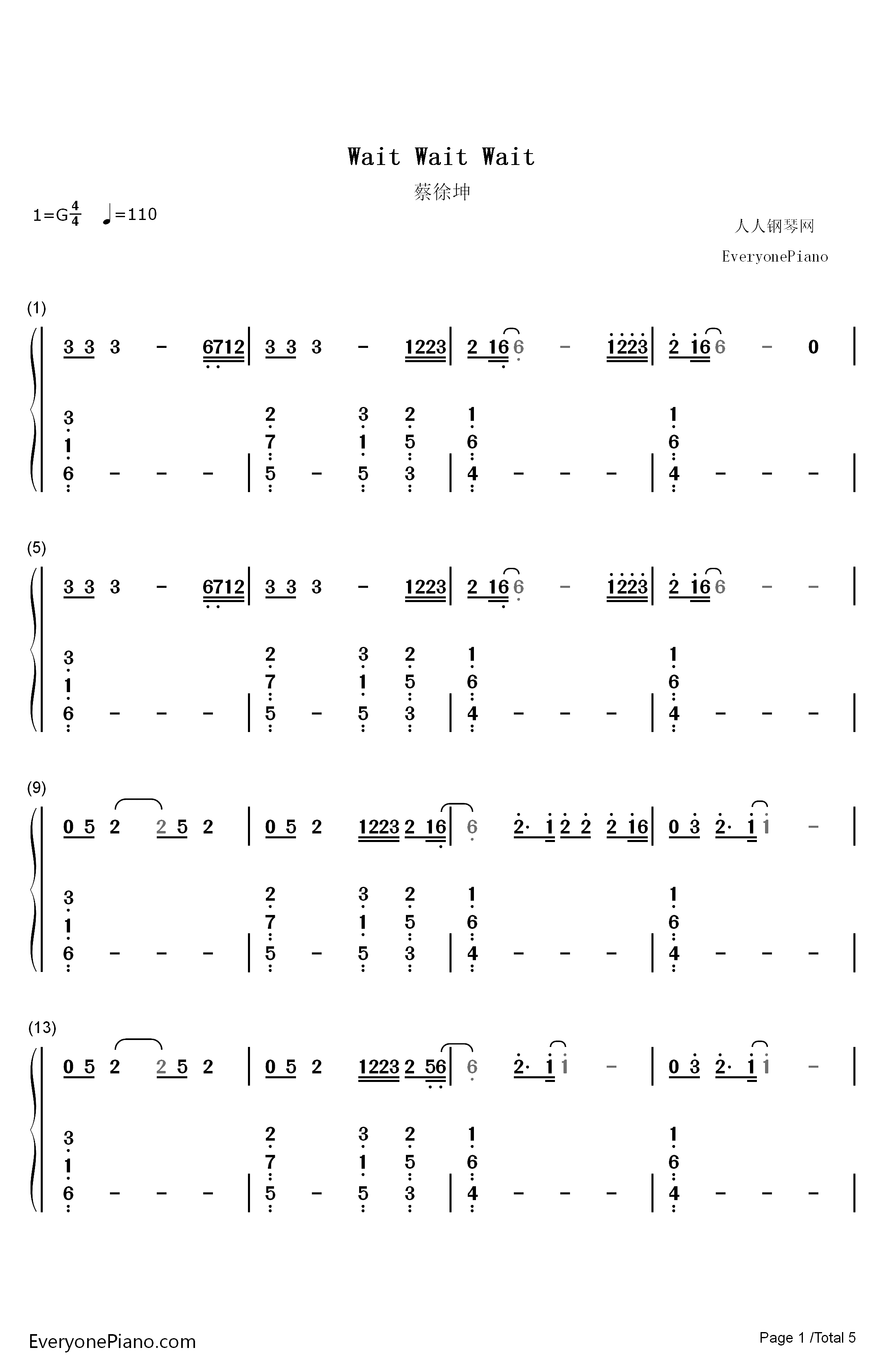 Wait Wait Wait钢琴简谱-数字双手-蔡徐坤