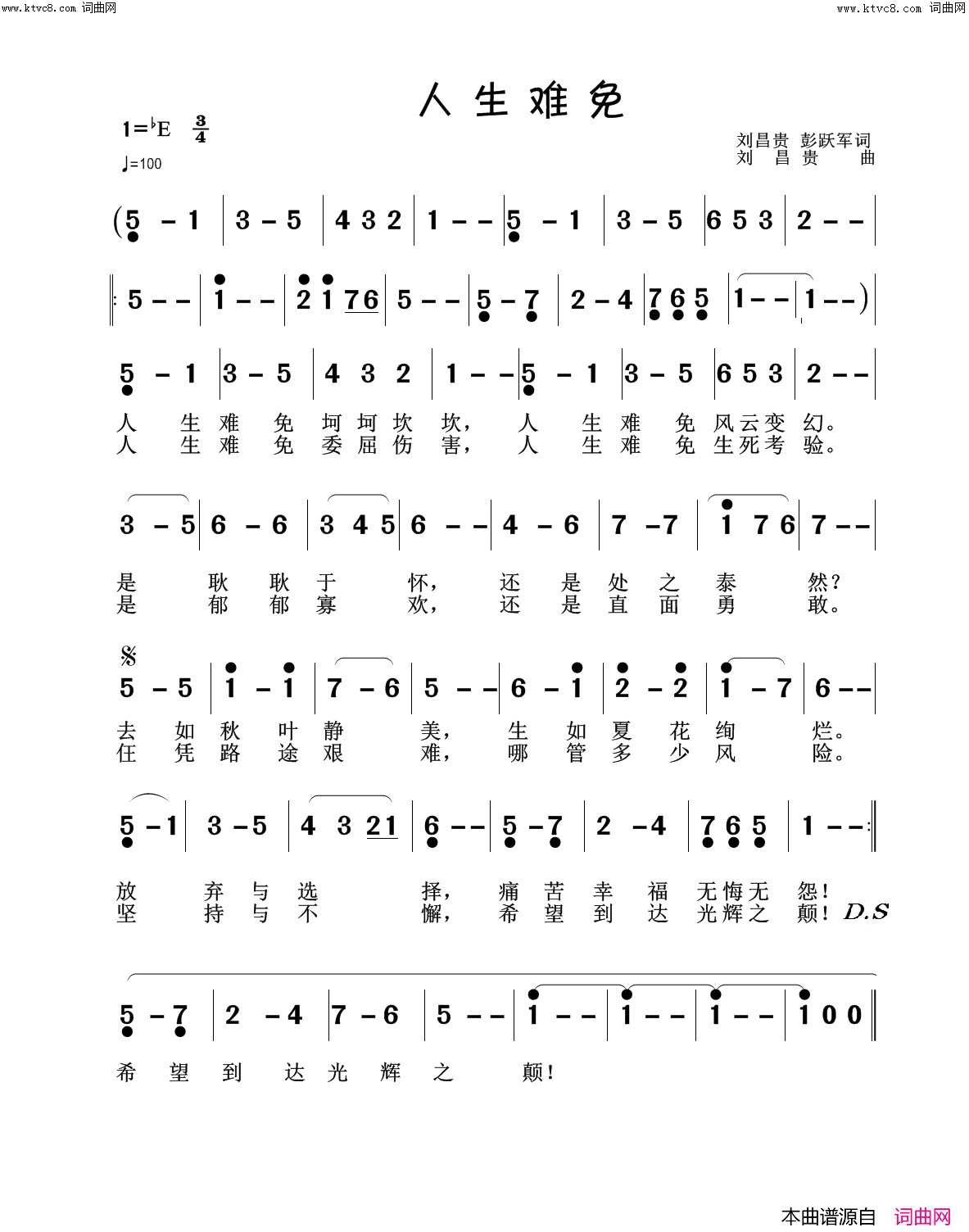 人生难免简谱-鲁金演唱-刘昌贵、彭跃军/刘昌贵词曲