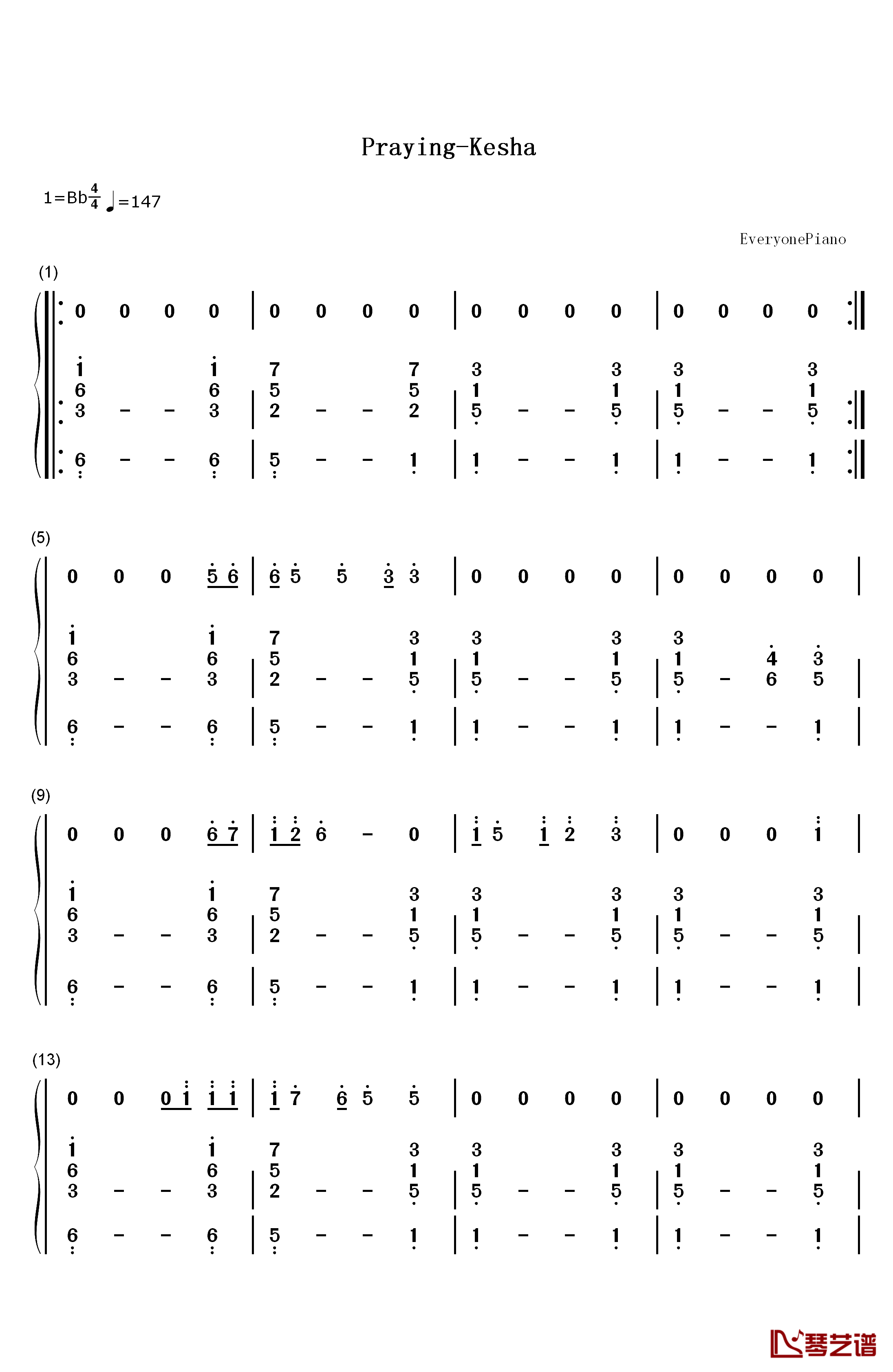 Praying钢琴简谱-数字双手-Kesha