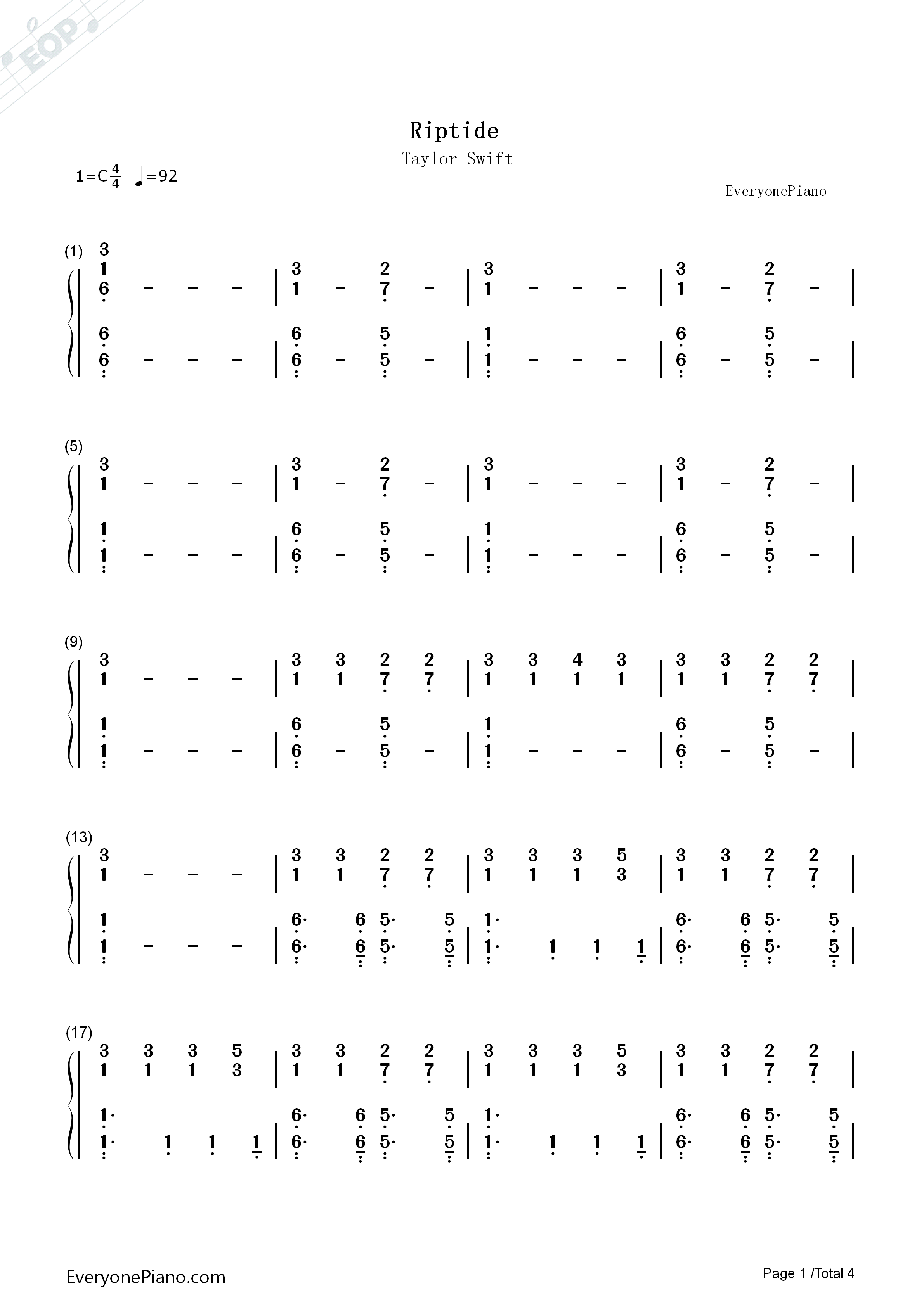 Riptide钢琴简谱-Taylor Swift演唱
